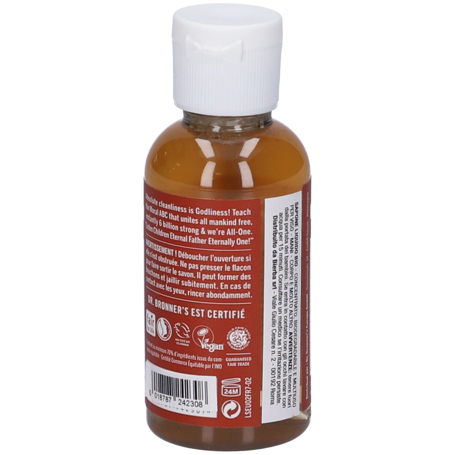 Retro del flacone. Testo: Dr. Bronner's, ingredienti, senza tensioattivi sintetici. Etichetta con informazioni.