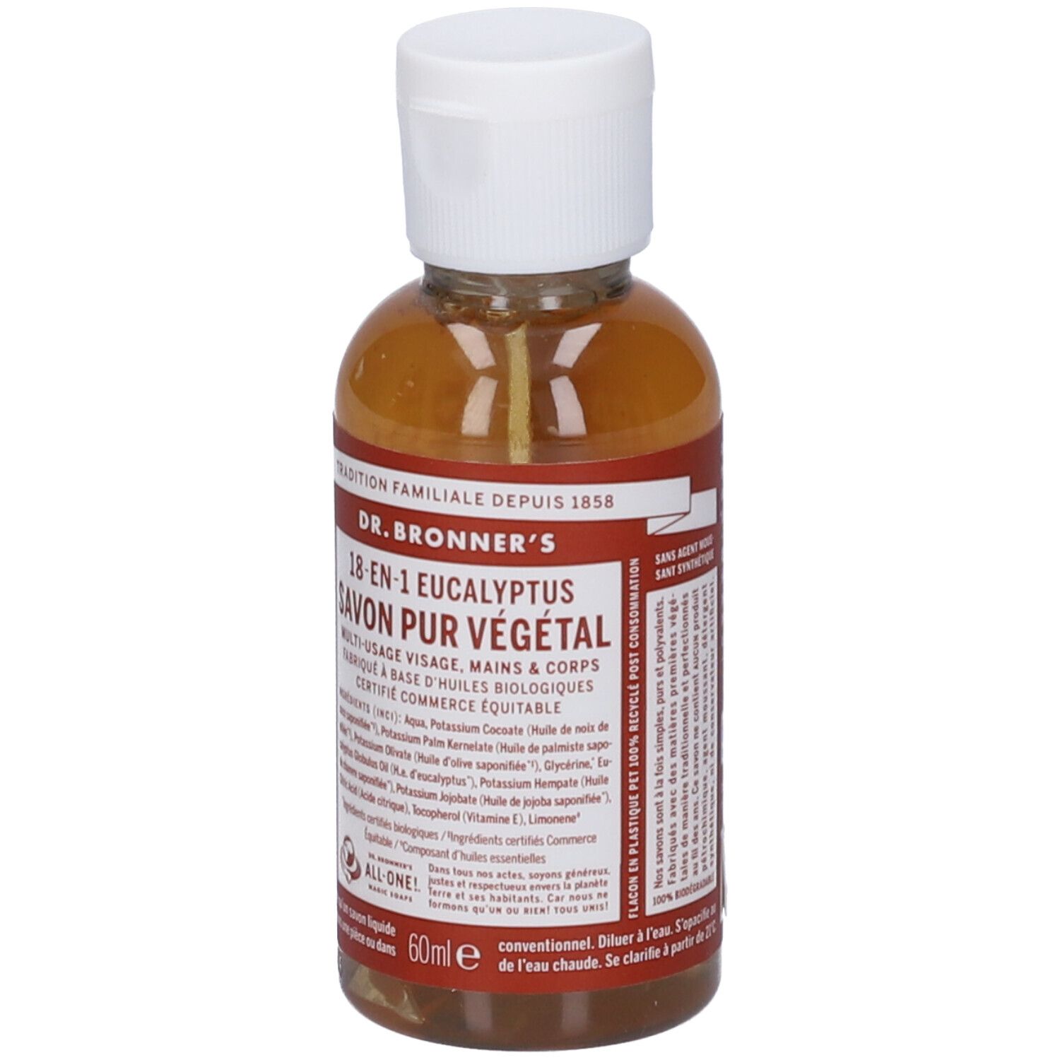 Flacone piccolo con tappo bianco. Scritta: Dr. Bronner's 18-in-1 Eucalyptus Savon Pur Végétal. 60ml.