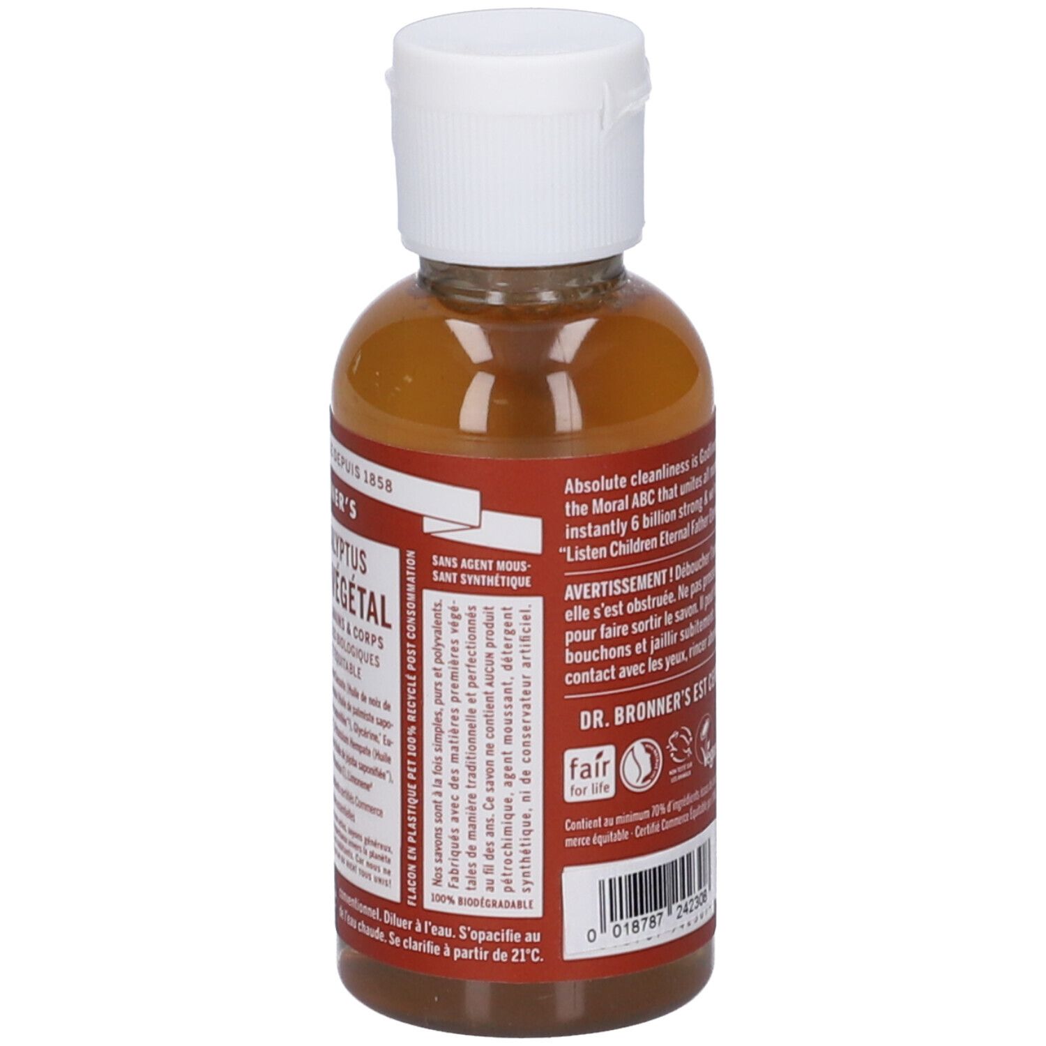 Retro del flacone. Testo: Dr. Bronner's, ingredienti, senza tensioattivi sintetici. Etichetta con informazioni.