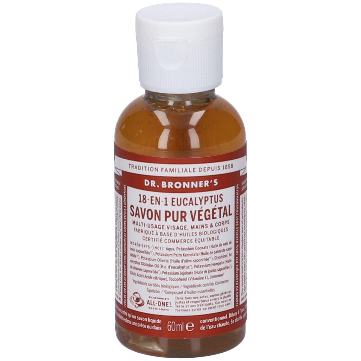 Flacone piccolo con tappo bianco. Scritta: Dr. Bronner's 18-in-1 Eucalyptus Savon Pur Végétal. 60ml.