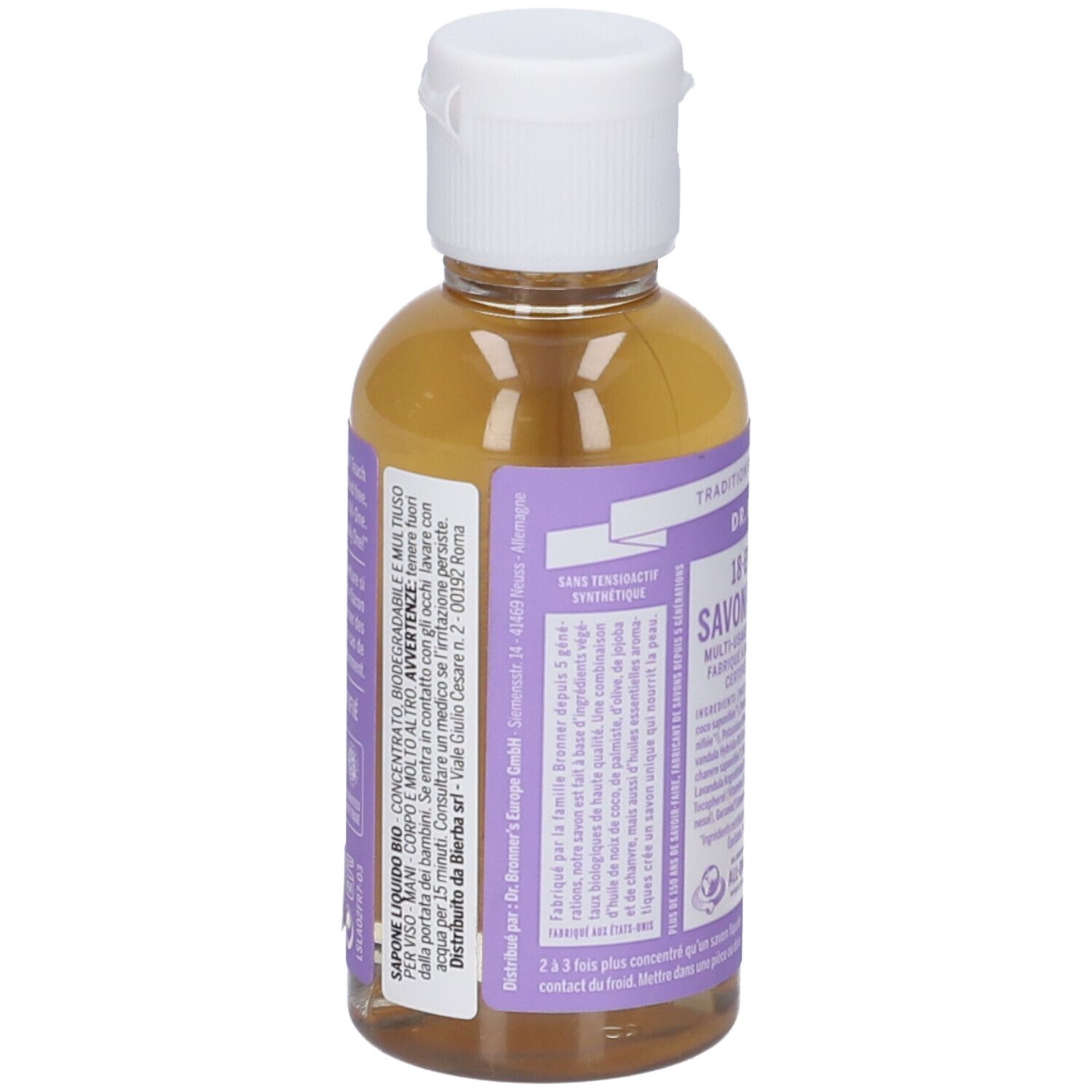 Retro del flacone con testo. Scritta: SAVON LIQUIDE BIO. Informazioni del produttore.