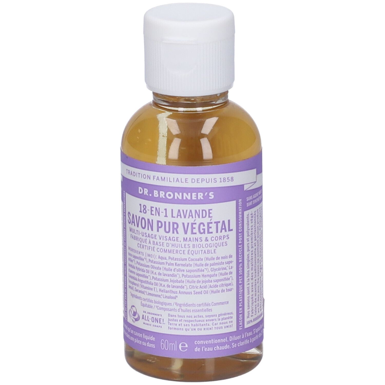 Flacone trasparente con tappo bianco. Scritta: DR BRONNER'S LAVANDE SAVON PUR VÉGÉTAL. 60ml.