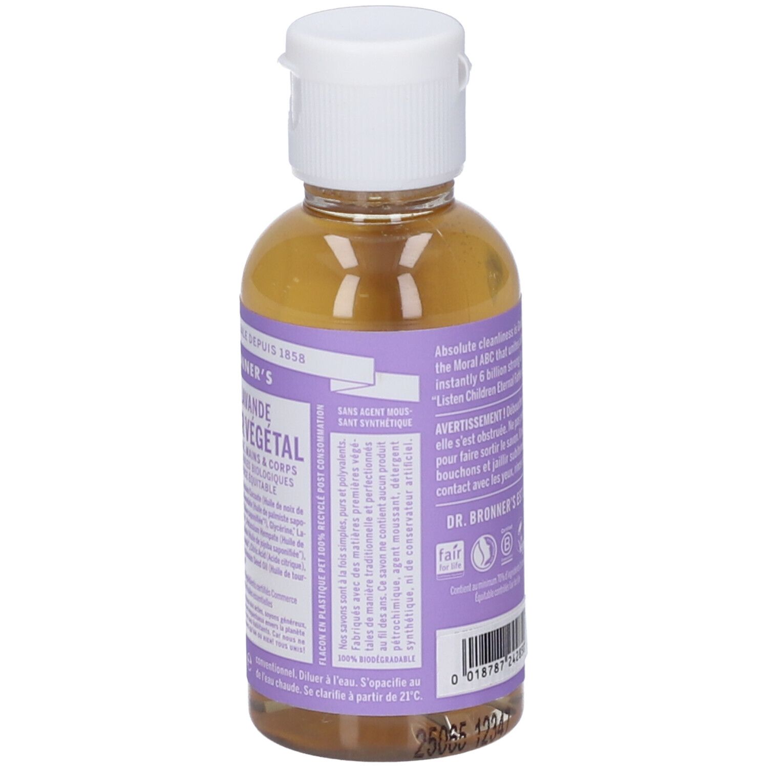 Retro del flacone con testo. Scritta: DR. BRONNER'S EST CERTIFIE. Sigillo vegano.