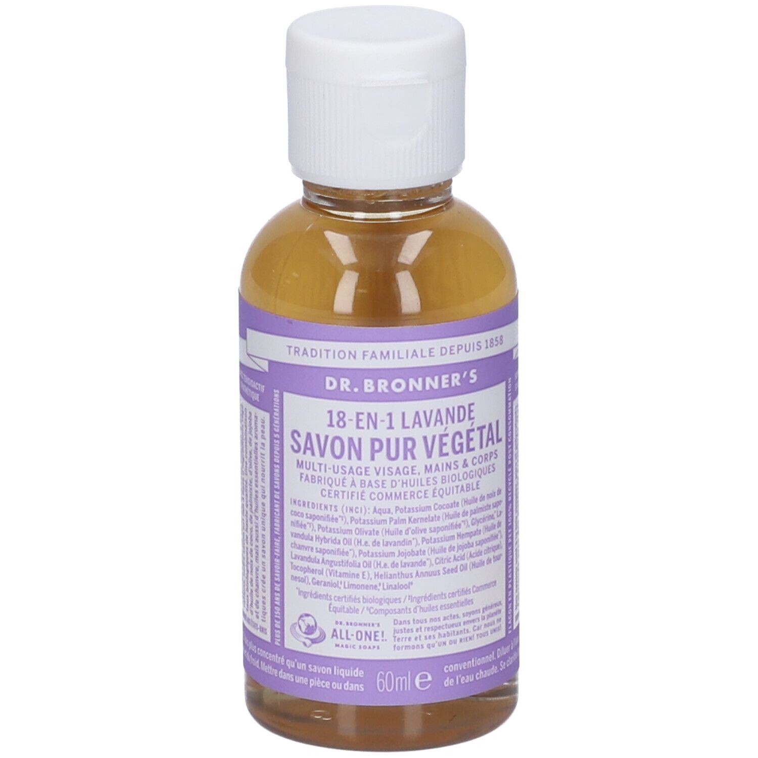 Flacone trasparente con tappo bianco. Scritta: DR BRONNER'S LAVANDE SAVON PUR VÉGÉTAL. 60ml.