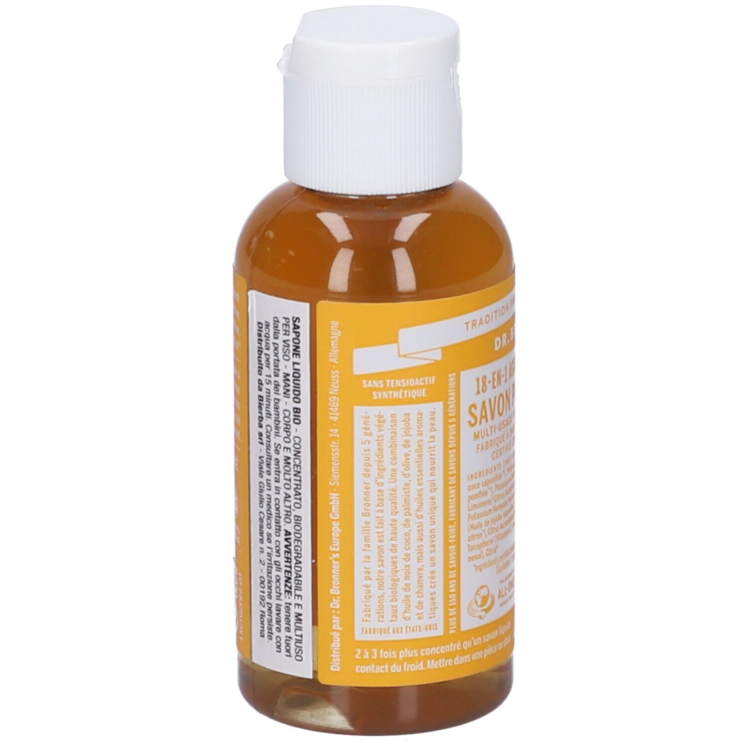 Retro del flacone di sapone liquido giallo. Tappo bianco. Testo sull'etichetta.