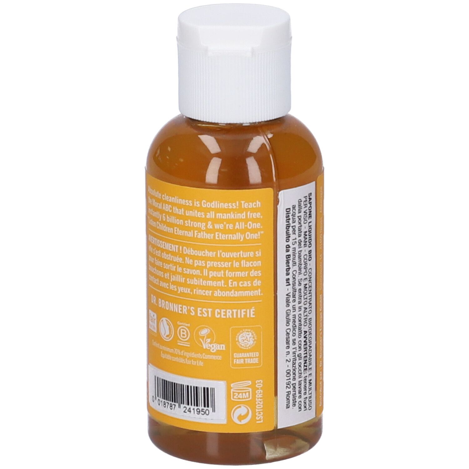 Retro del flacone di sapone liquido giallo. Tappo bianco. Testo e loghi sull'etichetta.