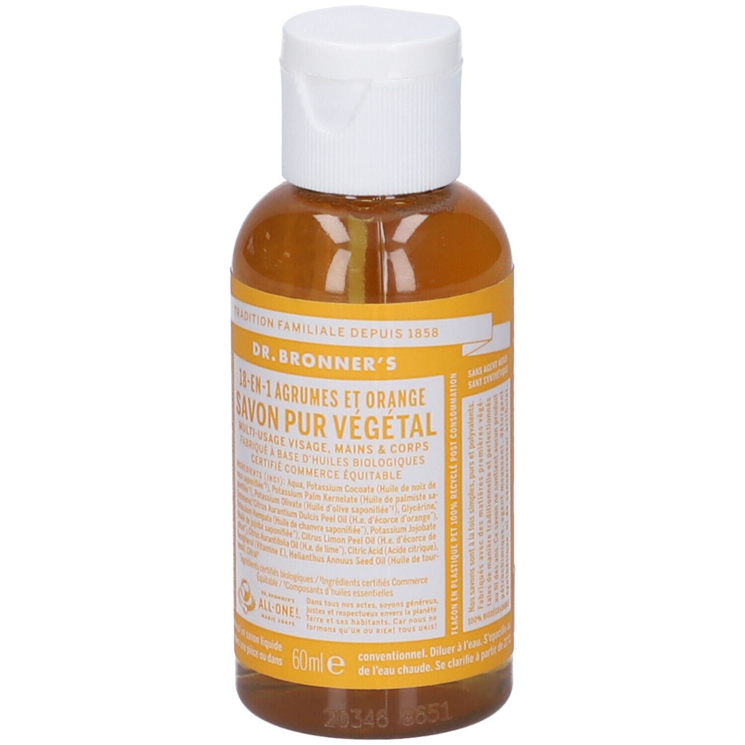 Flacone di sapone liquido giallo. Tappo bianco. Scritta: Dr. Bronner's 18-in-1 Agrumes et Orange.