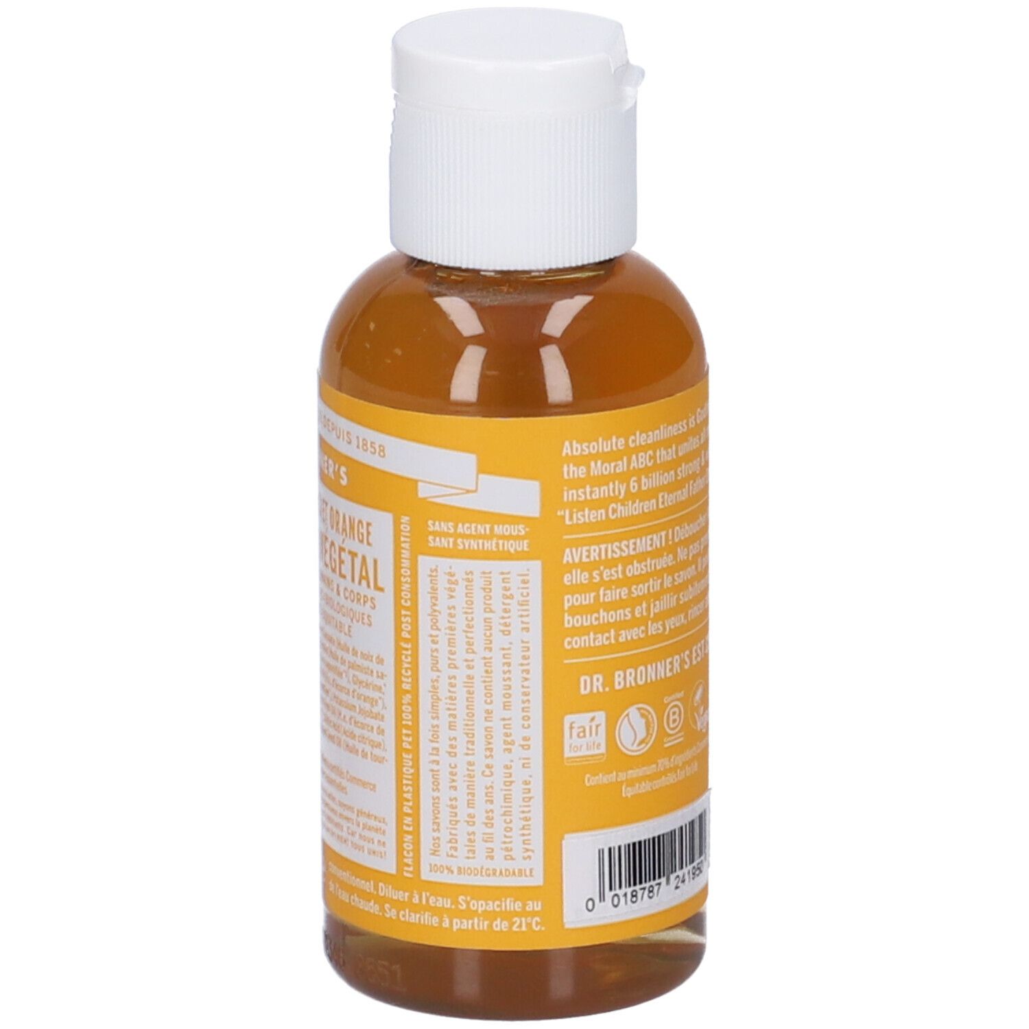 Retro del flacone di sapone liquido giallo. Tappo bianco. Testo e loghi sull'etichetta.