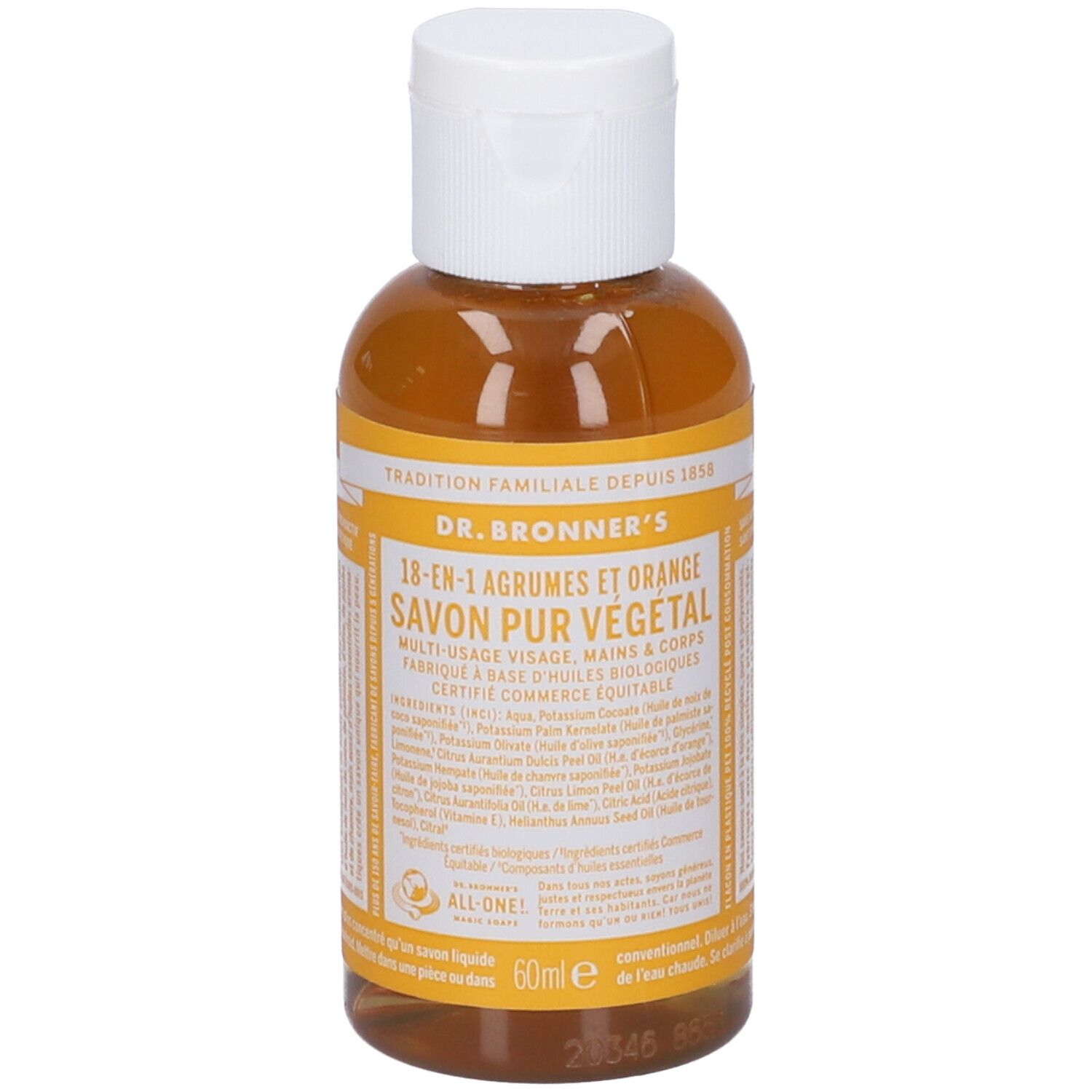 Flacone di sapone liquido giallo. Tappo bianco. Scritta: Dr. Bronner's 18-in-1 Agrumes et Orange.