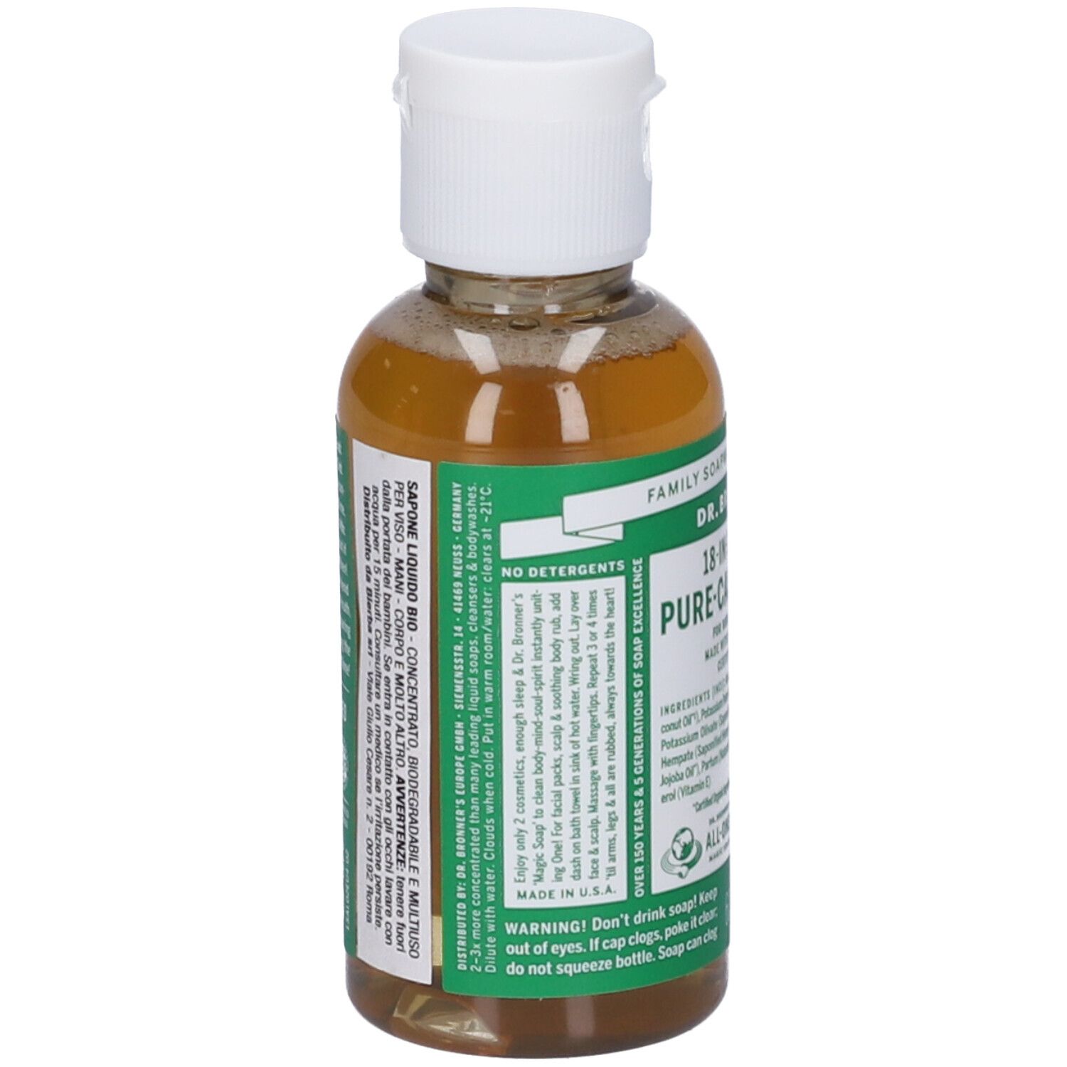 Retro della bottiglia di sapone. Etichetta con testo multilingue. Sfondo verde.