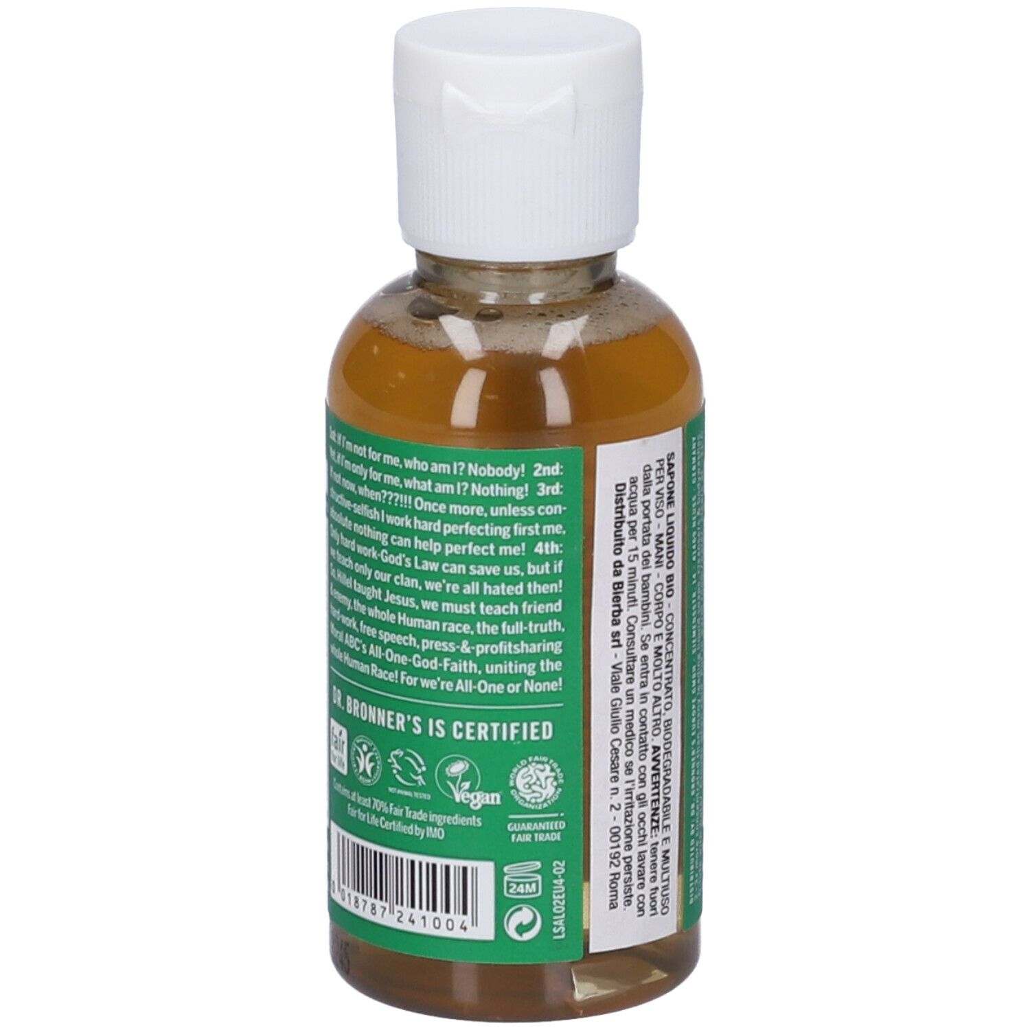 Retro della bottiglia di sapone. Etichetta con testo multilingue. Sfondo verde.