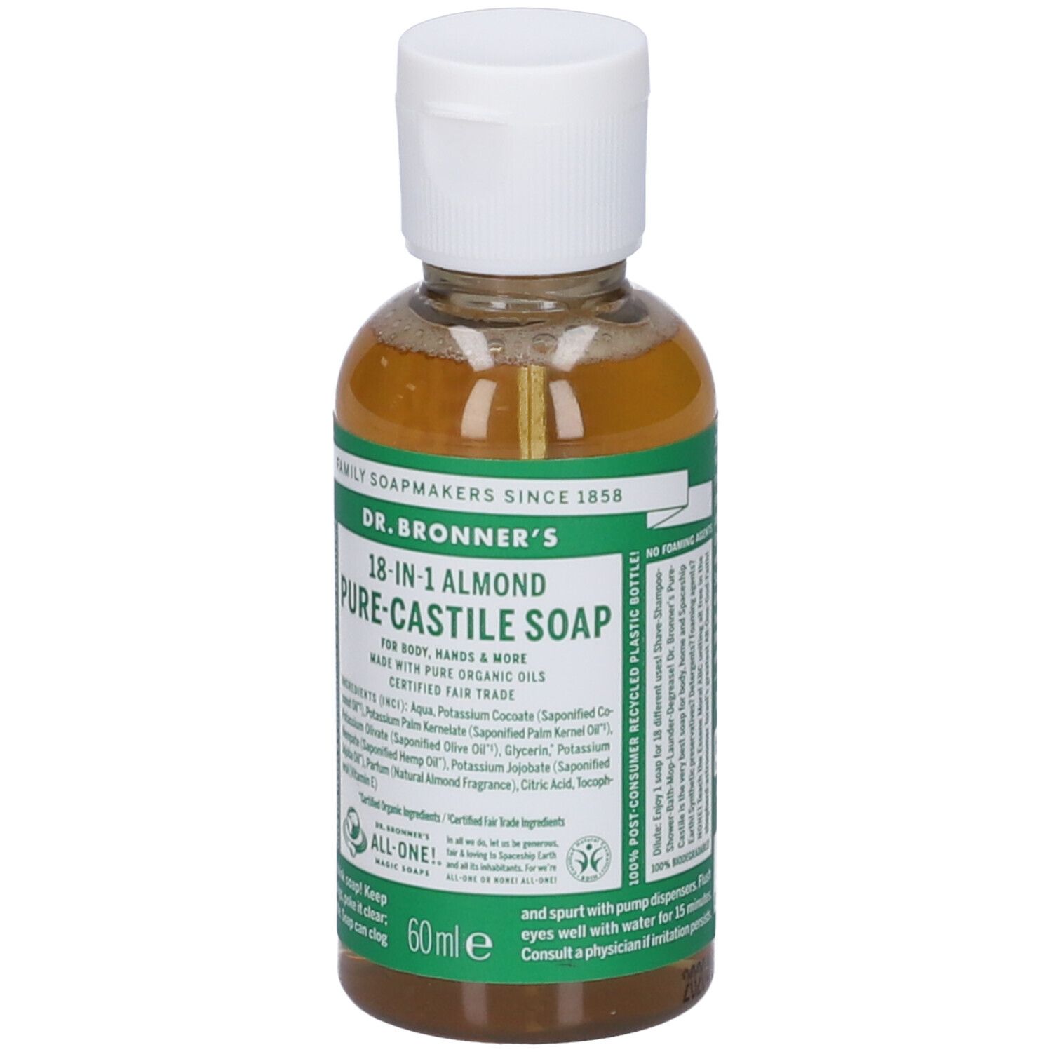 Sapone liquido trasparente in bottiglia con tappo bianco. Etichetta con informazioni e logo del prodotto.