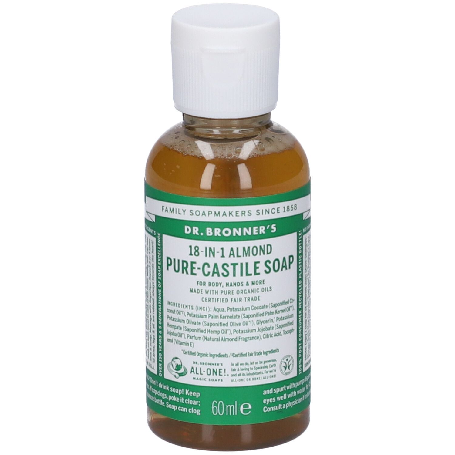 Sapone liquido trasparente in bottiglia con tappo bianco. Etichetta con informazioni e logo del prodotto.