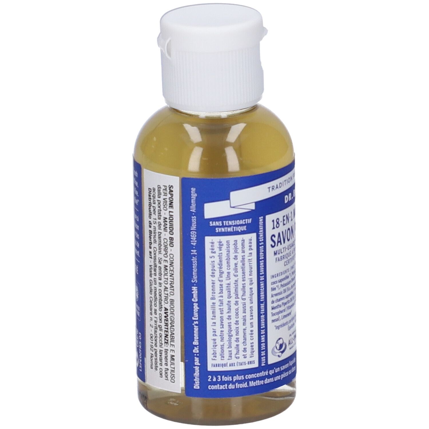 Retro del flacone. Testo multilingue. Scritta: DR. BRONNER'S. Senza tensioattivi sintetici.