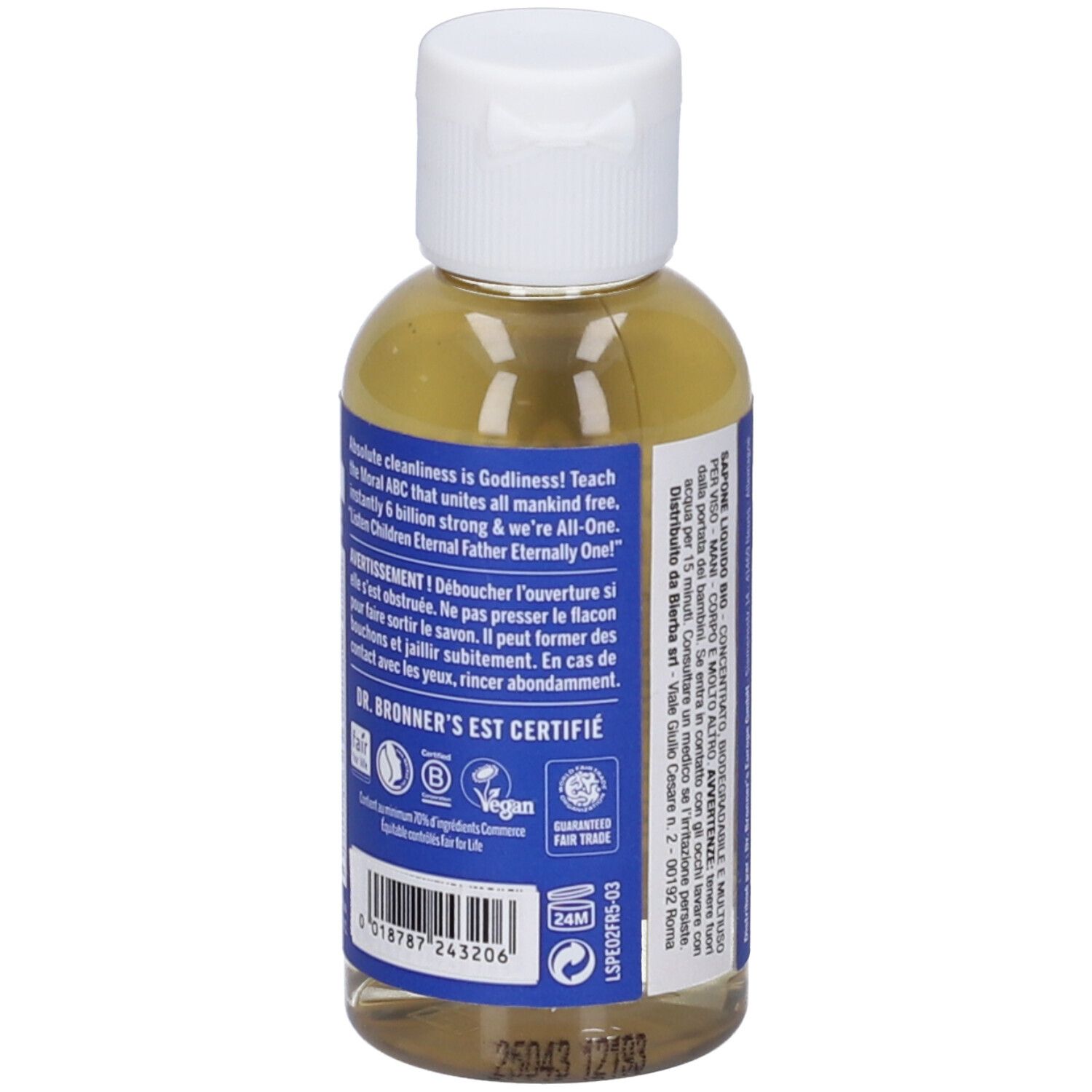 Retro del flacone. Testo multilingue. Scritta: DR. BRONNER'S è certificato. Vegano.