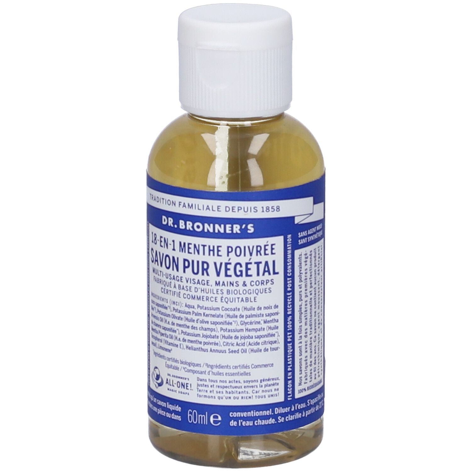 Flacone trasparente con tappo bianco. Scritta: DR. BRONNER'S 18-in-1 Sapone alla menta piperita. 60ml.