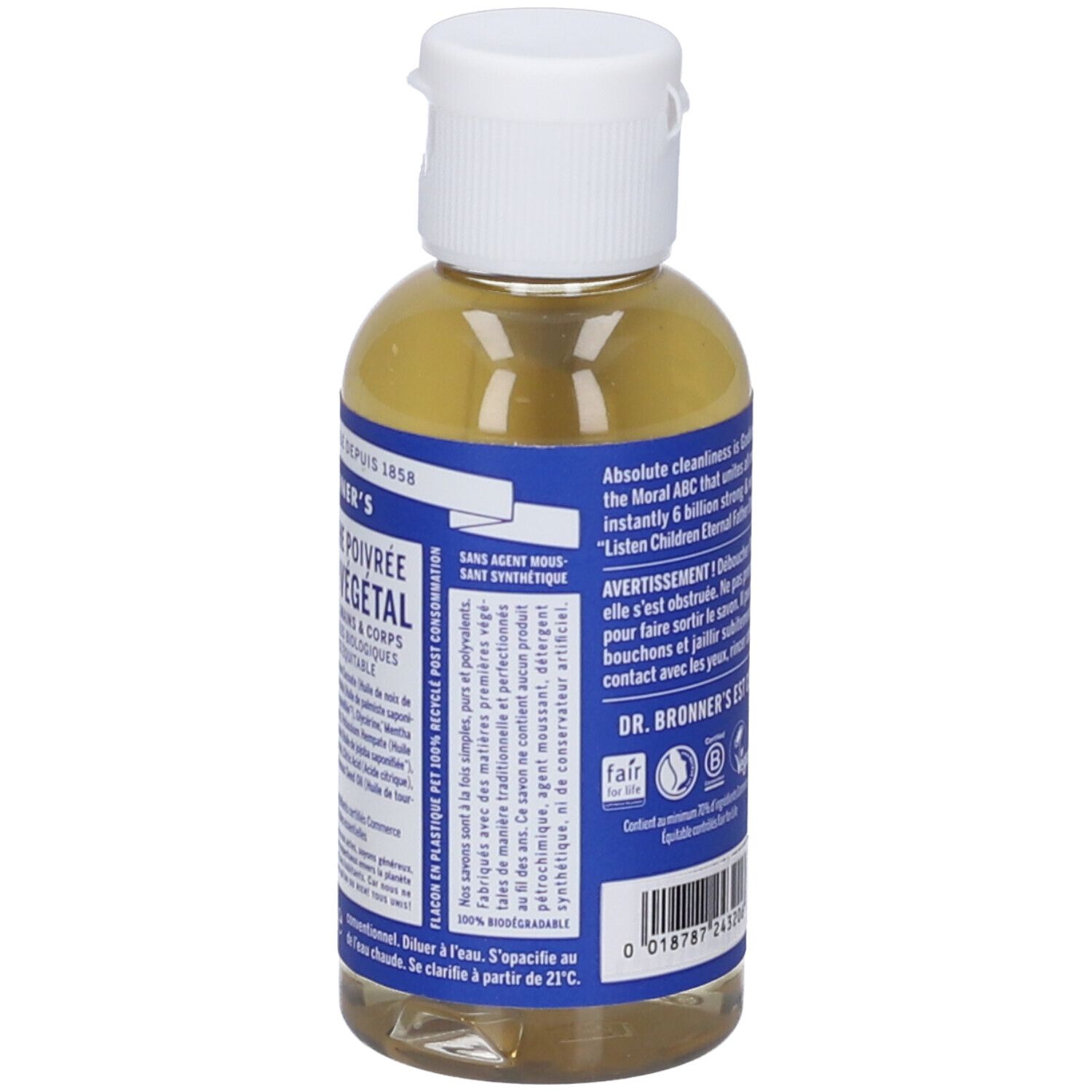 Retro del flacone. Testo multilingue. Scritta: DR. BRONNER'S è certificato. Vegano.