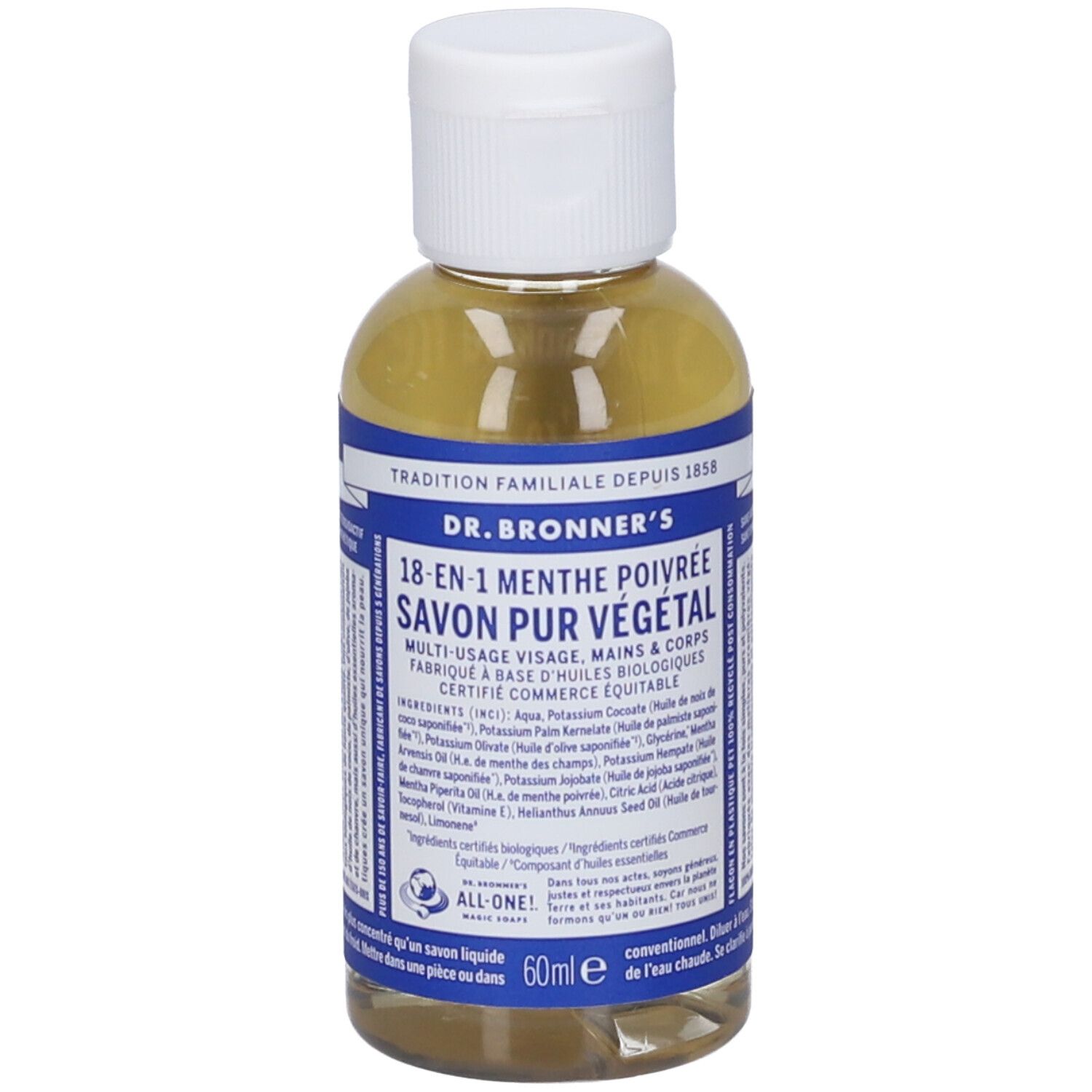 Flacone trasparente con tappo bianco. Scritta: DR. BRONNER'S 18-in-1 Sapone alla menta piperita. 60ml.