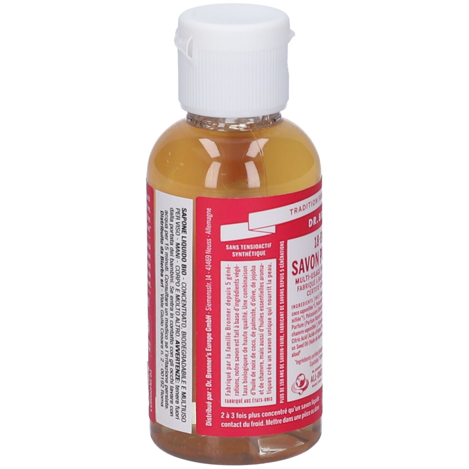 Retro del flacone di sapone. Etichetta rossa con testo. Marchio: DR. BRONNER'S. Logo vegano.