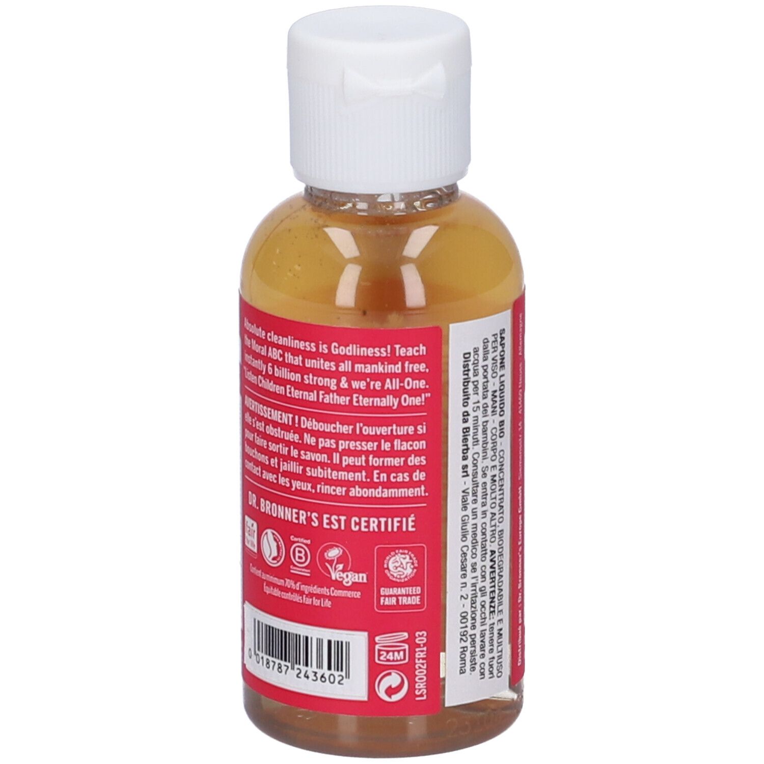 Retro del flacone di sapone. Etichetta rossa con testo. Marchio: DR. BRONNER'S. Logo vegano e marchio Fair Trade.