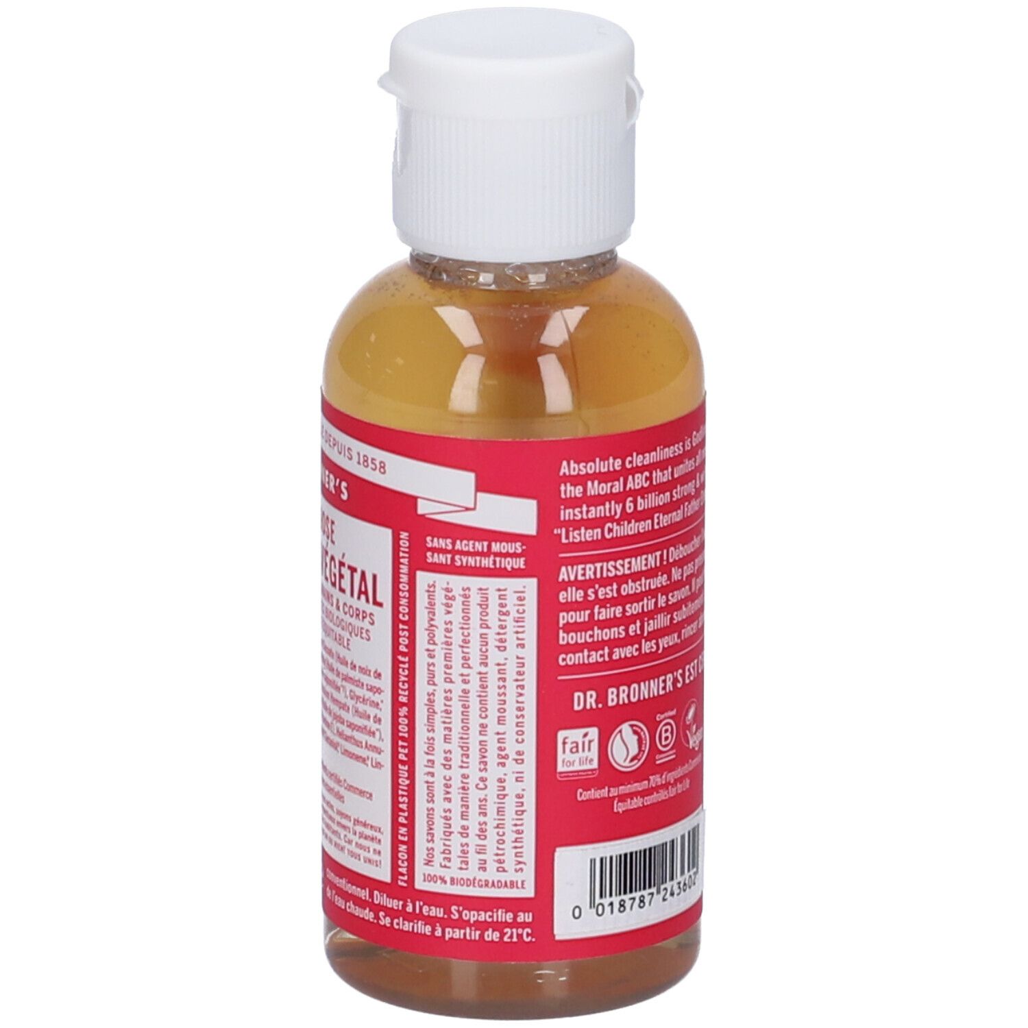 Retro del flacone di sapone. Etichetta rossa con testo. Marchio: DR. BRONNER'S. Logo vegano e marchio Fair Trade.