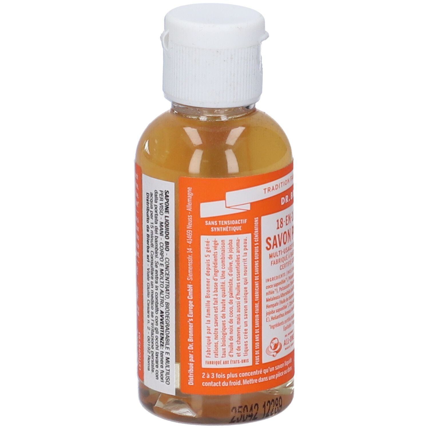 Retro del flacone di sapone. Testo: Dr. Bronner's, ingredienti, vegano, commercio equo e solidale. Sfondo arancione.