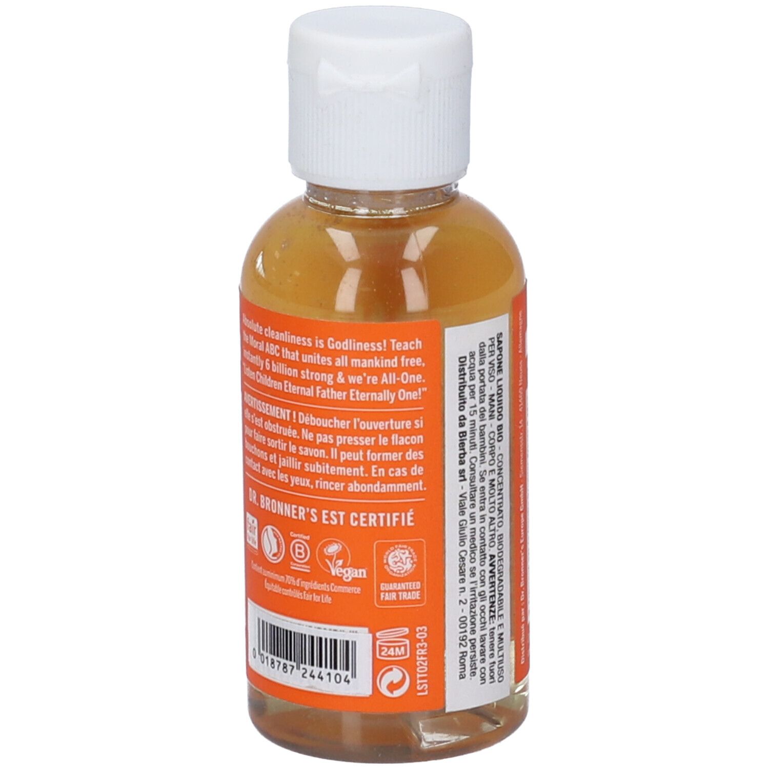 Retro del flacone di sapone. Testo: Dr. Bronner's, vegano, commercio equo e solidale. Sfondo arancione.