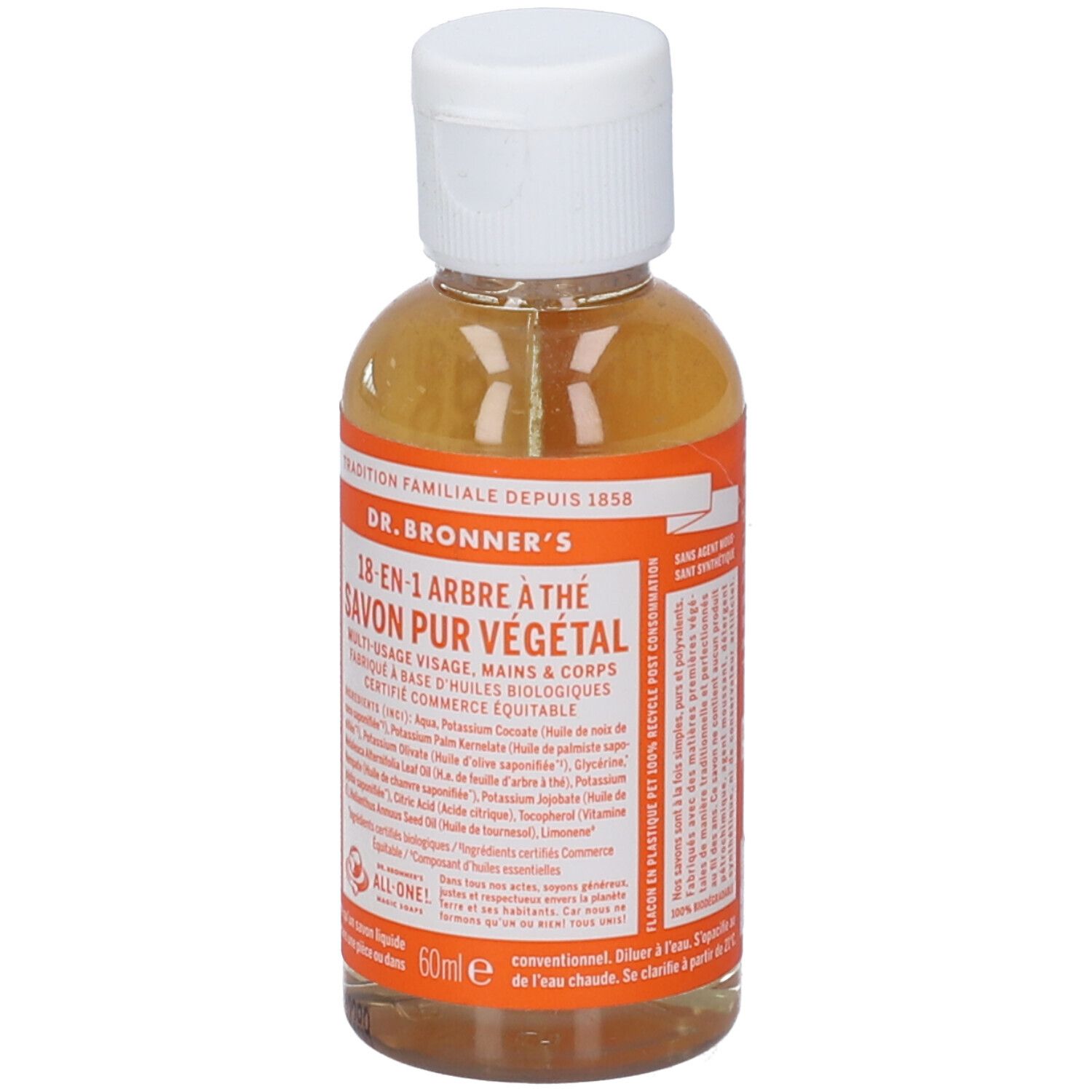 Flacone di sapone liquido trasparente con tappo bianco. Scritta: Dr. Bronner's 18-in-1 Arbre à thé Savon pur végétal.