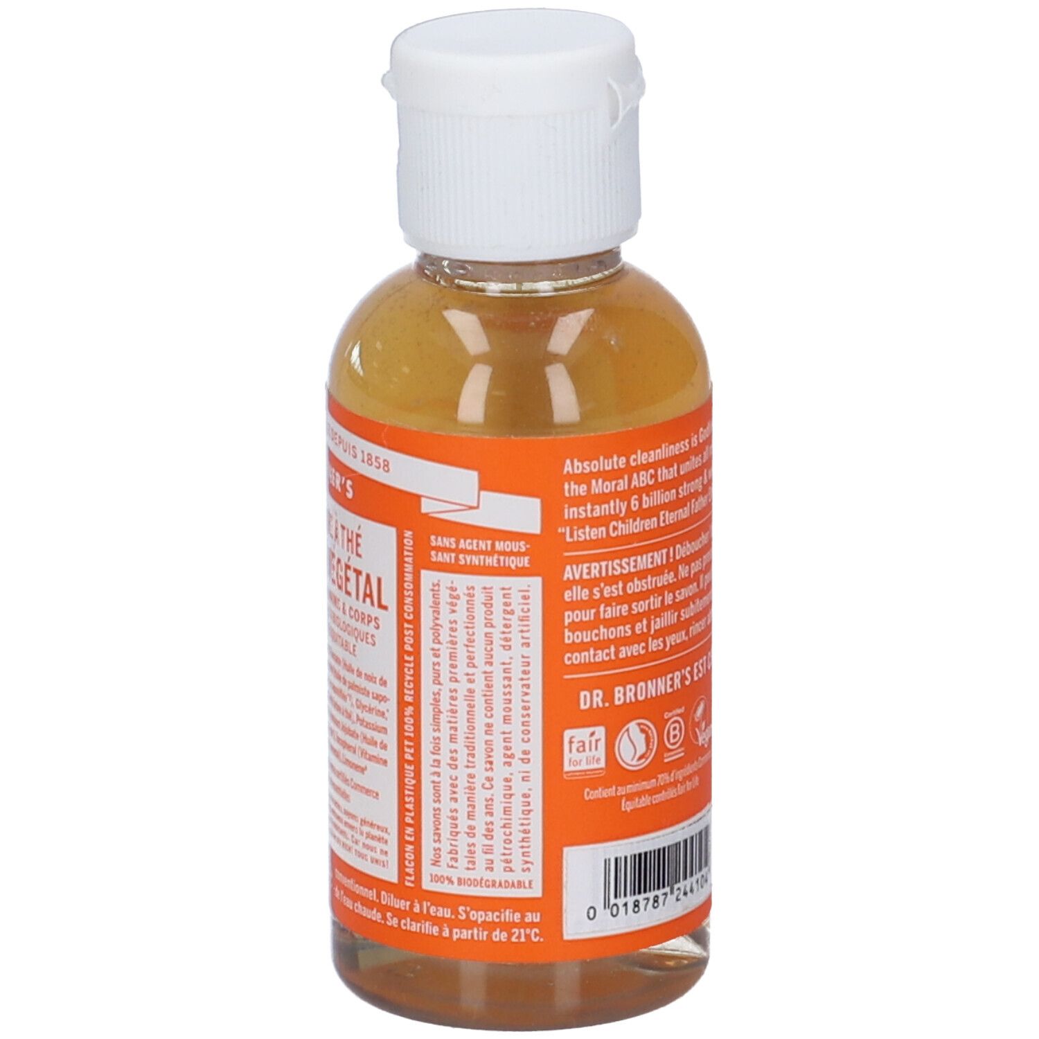 Retro del flacone di sapone. Testo: Dr. Bronner's, vegano, commercio equo e solidale. Sfondo arancione.