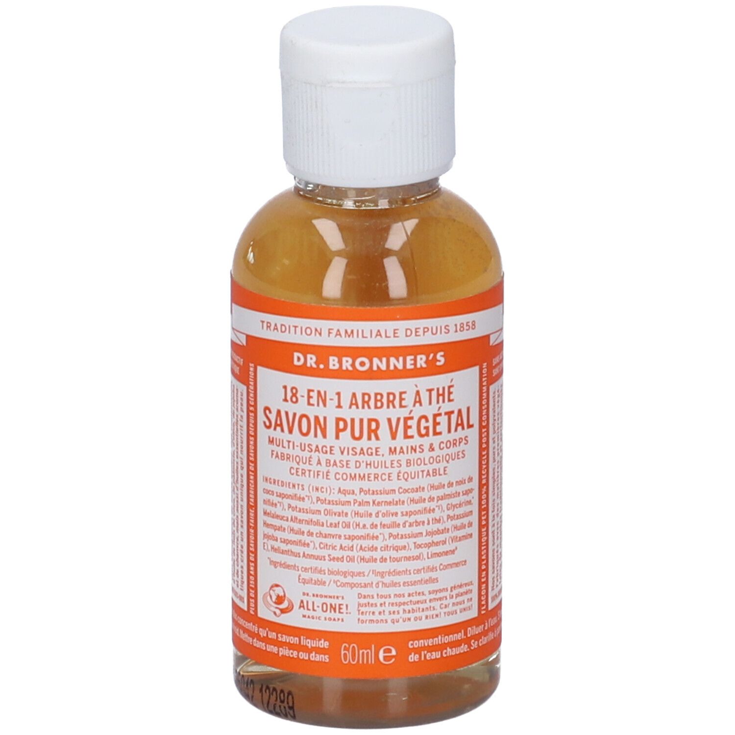 Flacone di sapone liquido trasparente con tappo bianco. Scritta: Dr. Bronner's 18-in-1 Arbre à thé Savon pur végétal.