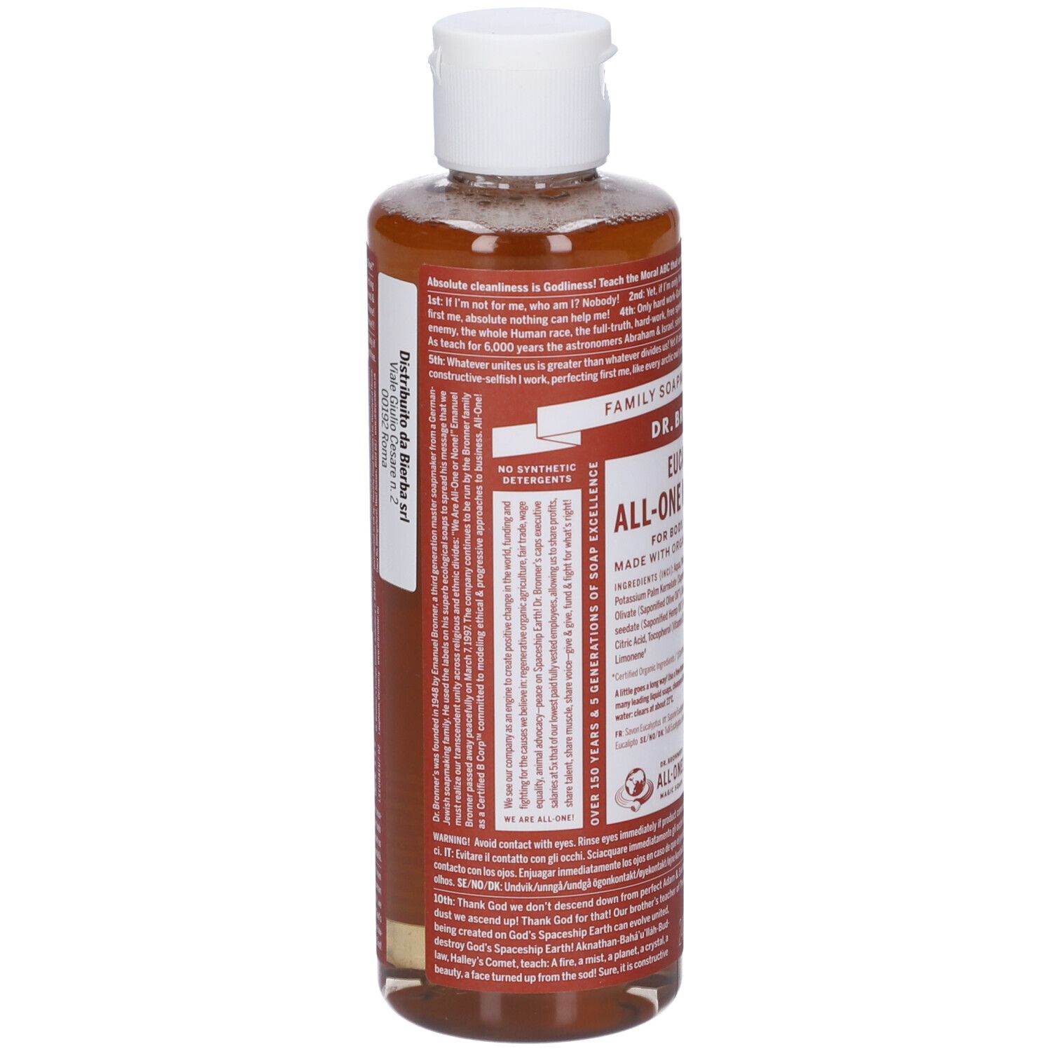 Retro della bottiglia. Scritta: DR. BRONNER'S. Testo multilingue. Tappo bianco.