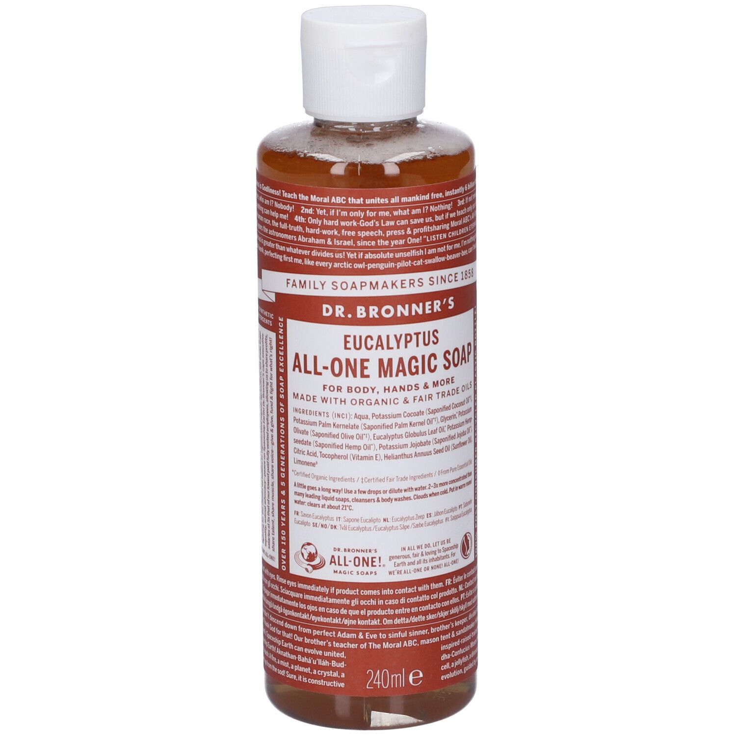 Sapone liquido in bottiglia. Scritta: DR. BRONNER'S EUCALYPTUS ALL-ONE MAGIC SOAP. Tappo bianco.
