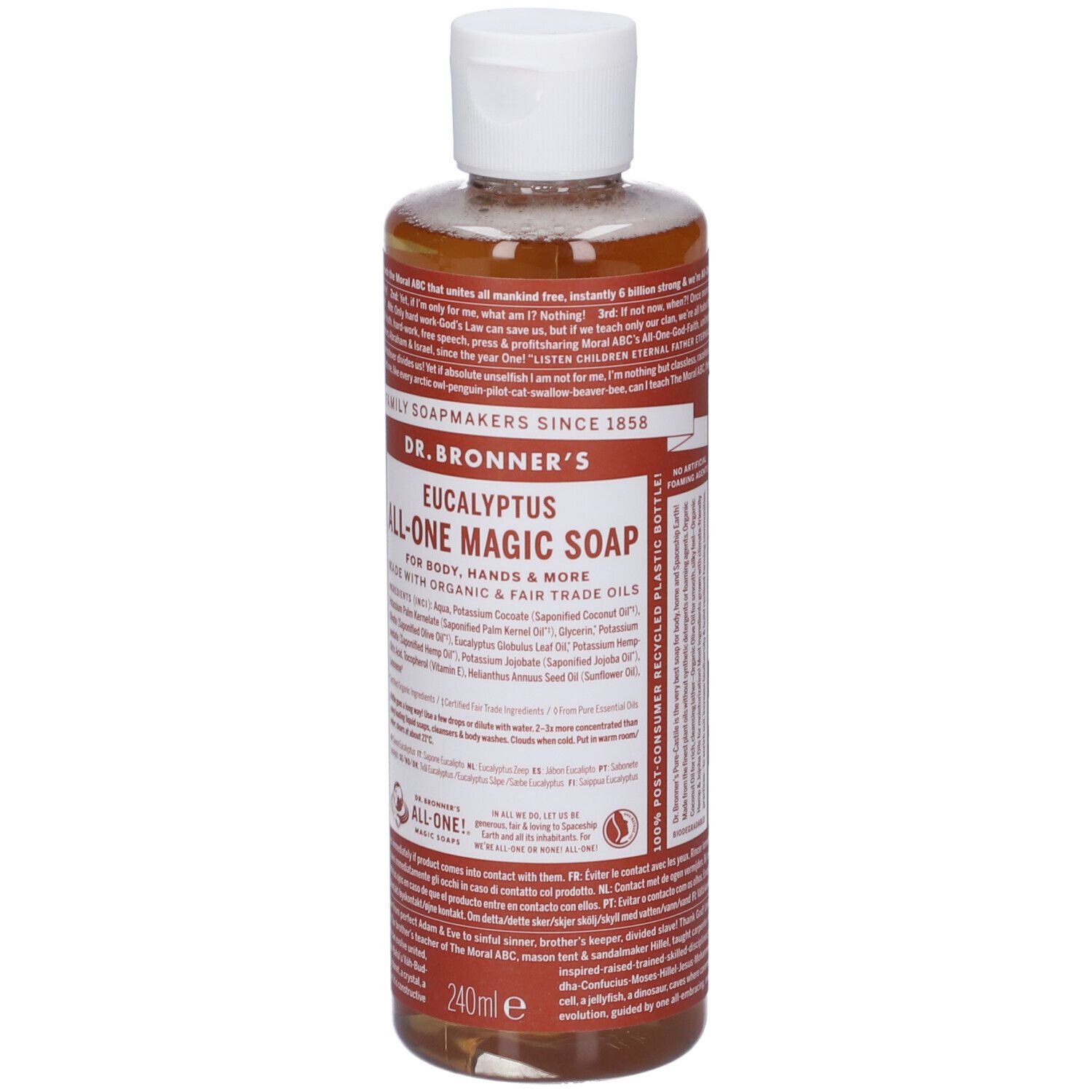 Sapone liquido in bottiglia. Scritta: DR. BRONNER'S EUCALYPTUS ALL-ONE MAGIC SOAP. Tappo bianco.