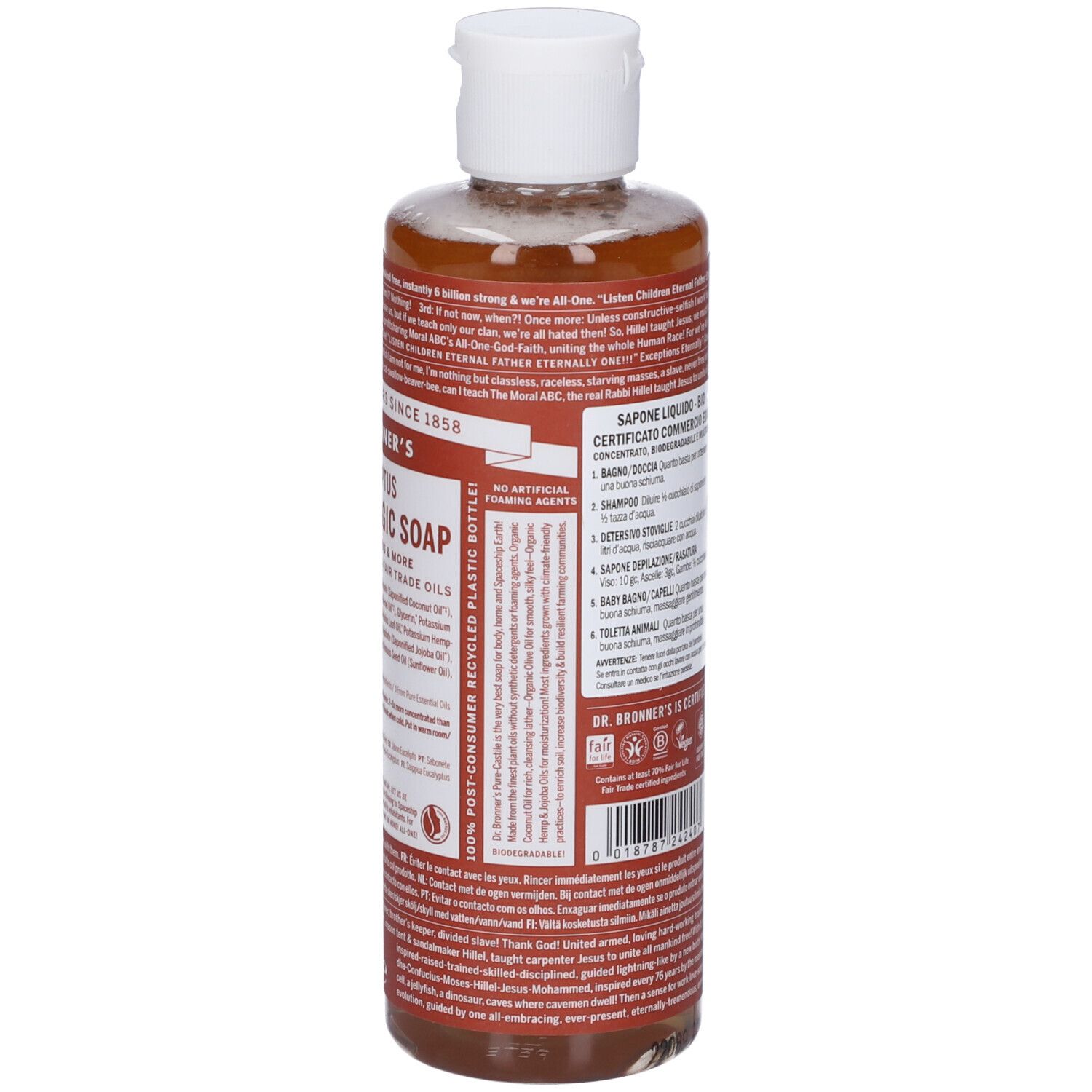 Retro della bottiglia. Scritta: DR. BRONNER'S. Testo multilingue. Tappo bianco.