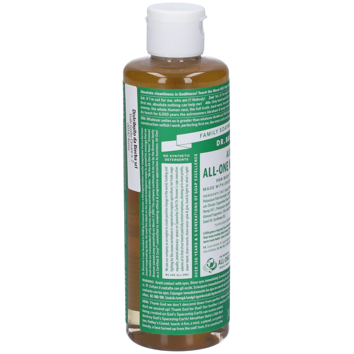 Bottiglia di sapone liquido. Scritta: DR. BRONNER'S. Etichetta con testo. Sfondo verde. Tappo bianco.