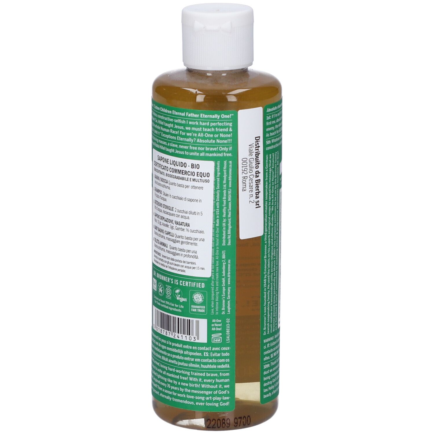 Bottiglia di sapone liquido. Scritta: SAPONE LIQUIDO. Etichetta con testo. Sfondo verde. Tappo bianco.