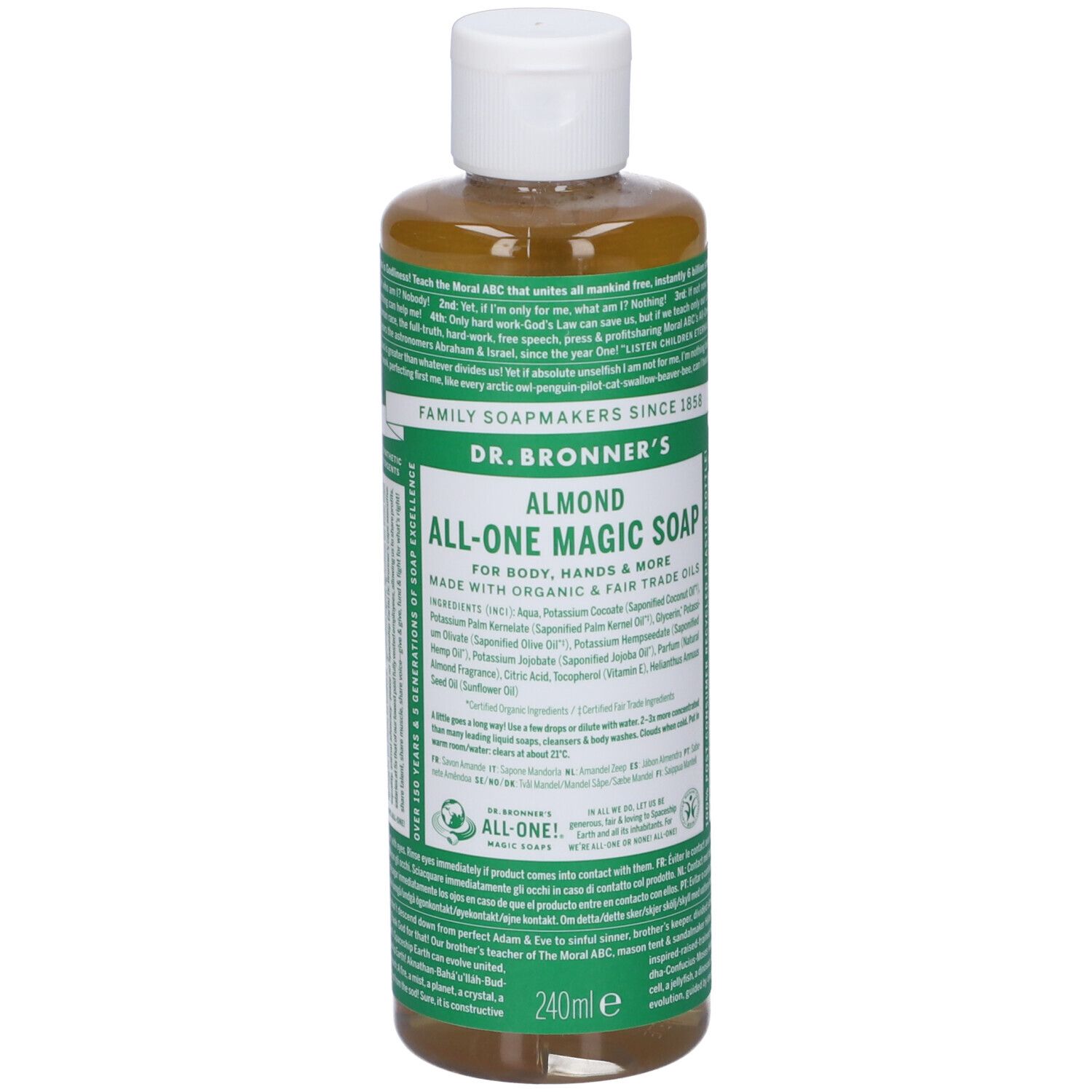 Sapone liquido in bottiglia. Scritta: DR. BRONNER'S ALMOND ALL-ONE MAGIC SOAP. 240ml. Con tappo bianco.