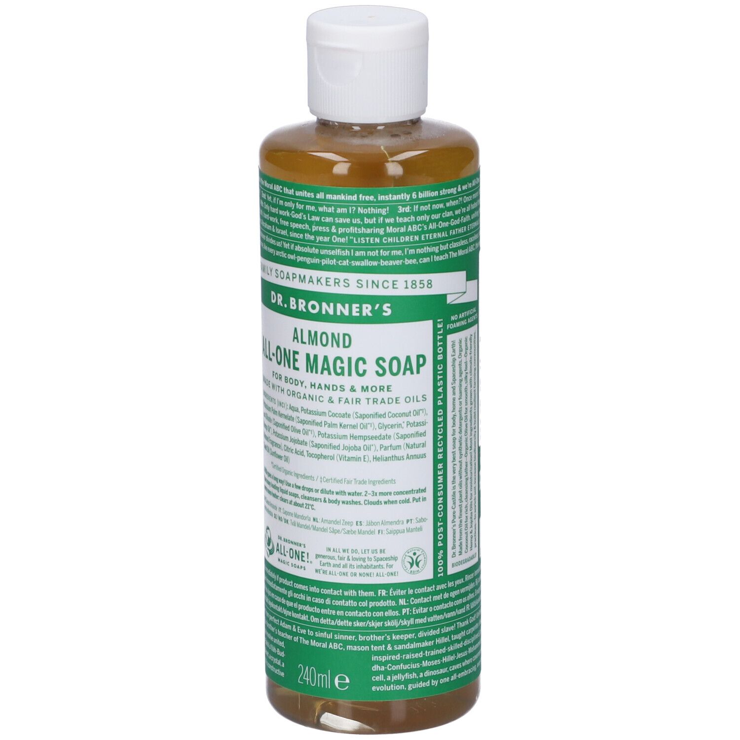 Sapone liquido in bottiglia. Scritta: DR. BRONNER'S ALMOND ALL-ONE MAGIC SOAP. 240ml. Con tappo bianco.