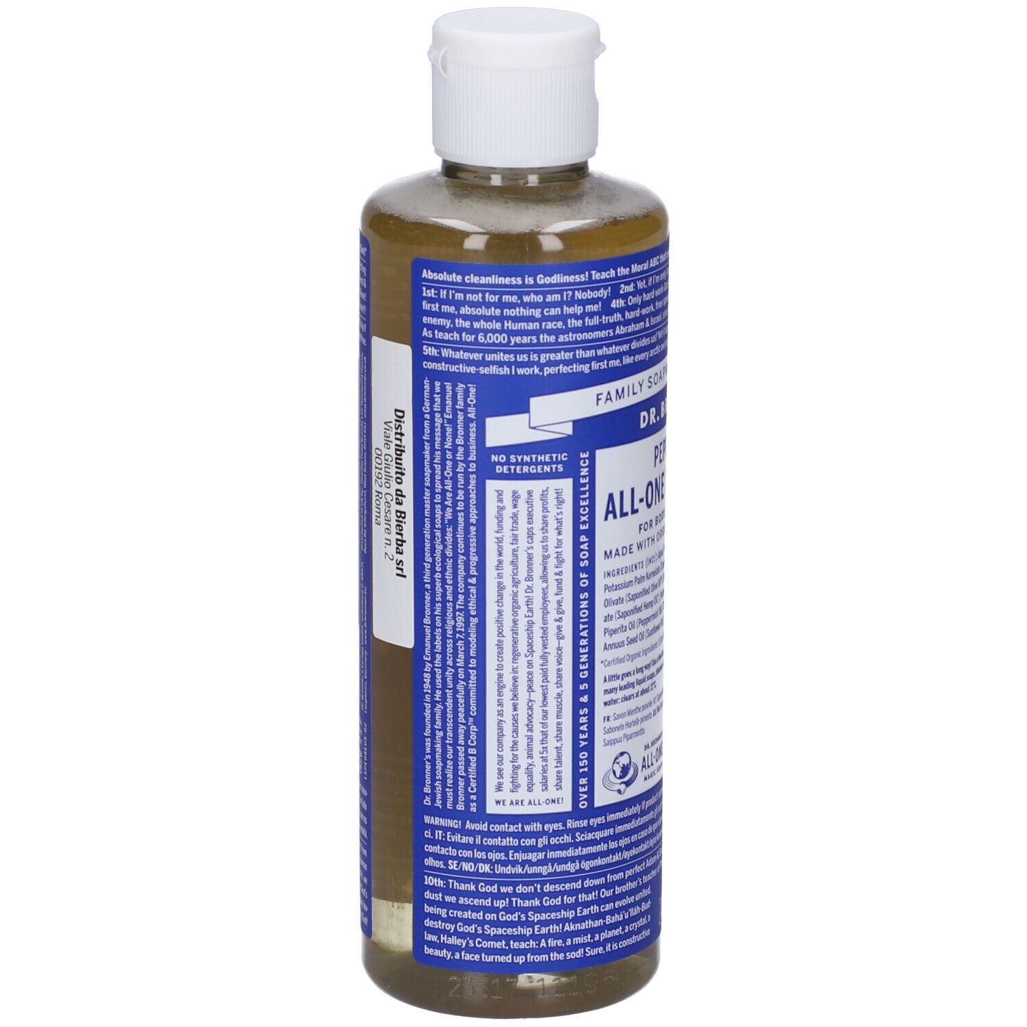 Vista posteriore del flacone di sapone DR. BRONNER'S Peppermint All-One Magic Soap. Etichette blu con testo. Tappo bianco.