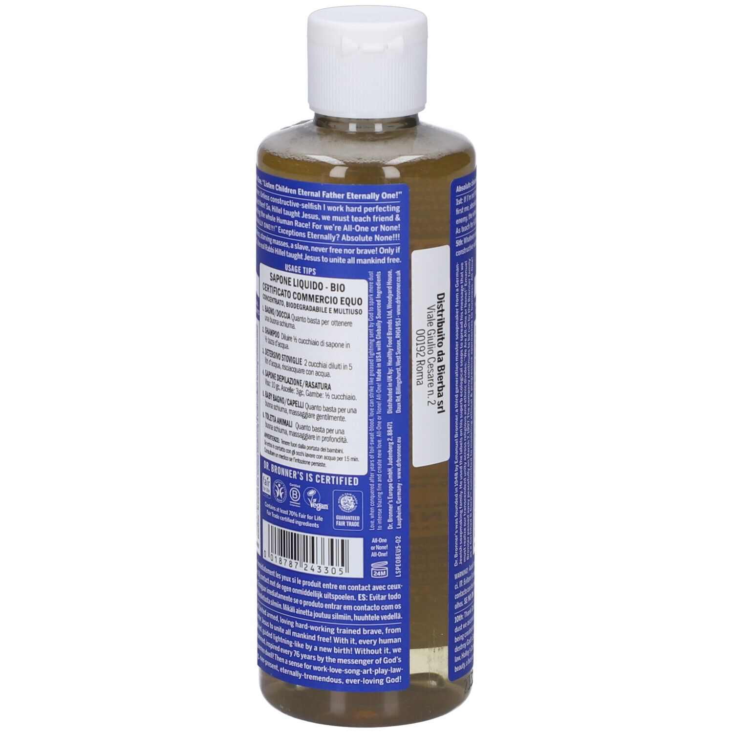 Vista posteriore del flacone di sapone DR. BRONNER'S Peppermint All-One Magic Soap. Etichette blu con testo. Tappo bianco.