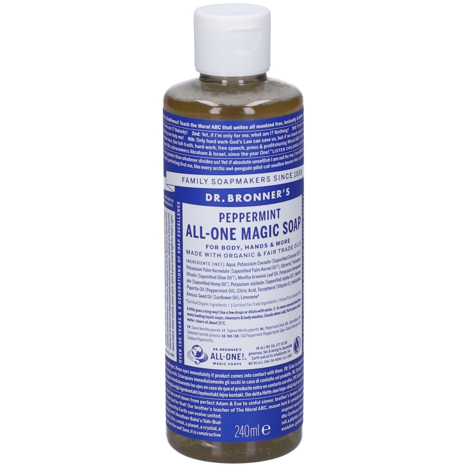 Flacone di sapone DR. BRONNER'S Peppermint All-One Magic Soap. Etichette blu con testo. Tappo bianco. 240ml.