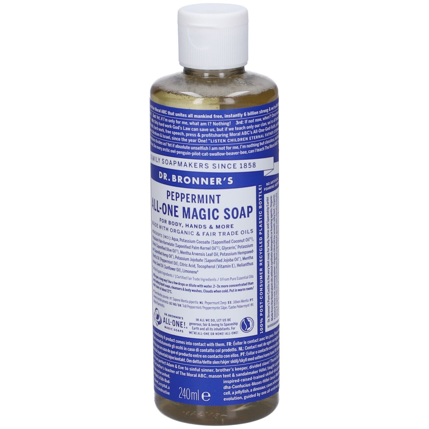 Flacone di sapone DR. BRONNER'S Peppermint All-One Magic Soap. Etichette blu con testo. Tappo bianco. 240ml.