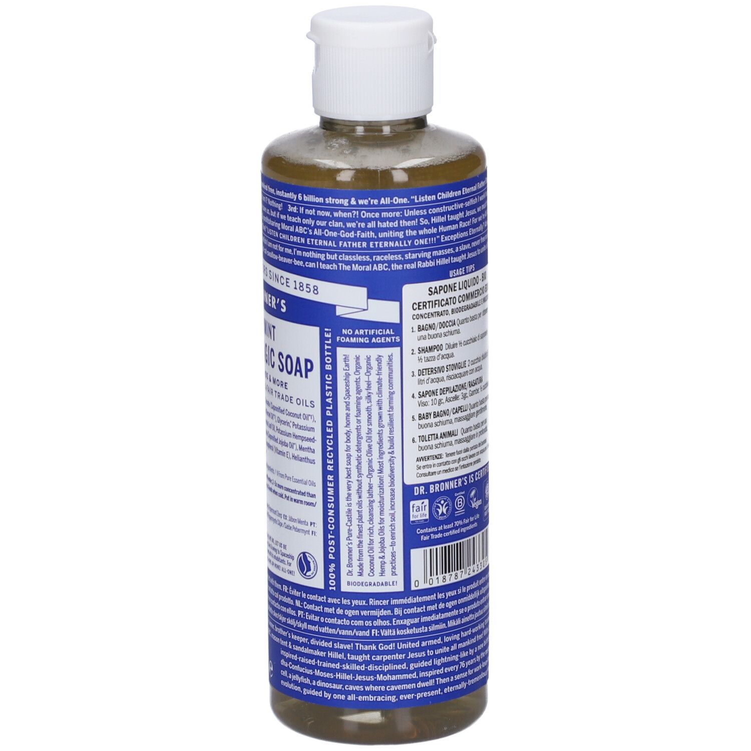 Vista posteriore del flacone di sapone DR. BRONNER'S Peppermint All-One Magic Soap. Etichette blu con testo. Tappo bianco.