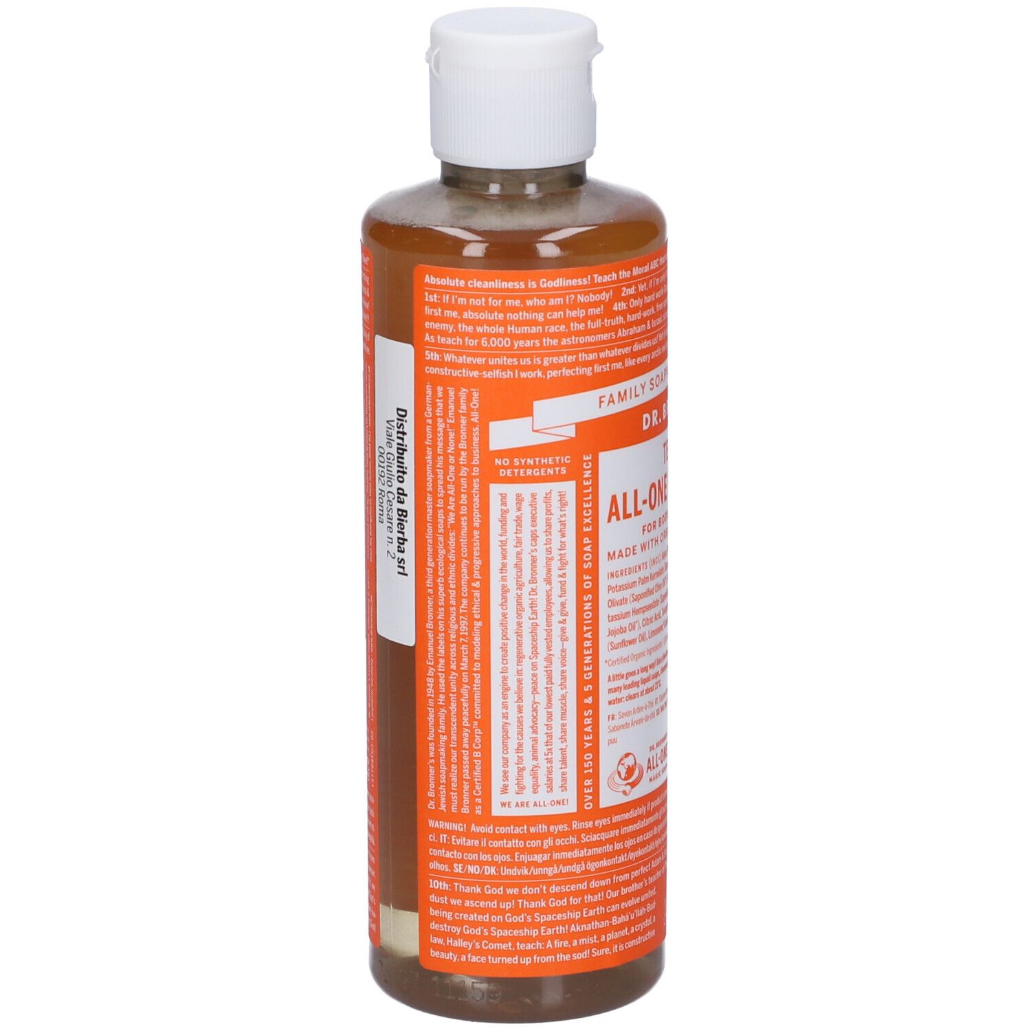 Retro del sapone liquido Dr. Bronner's. Etichetta arancione con testo. Bottiglia trasparente con liquido marrone.
