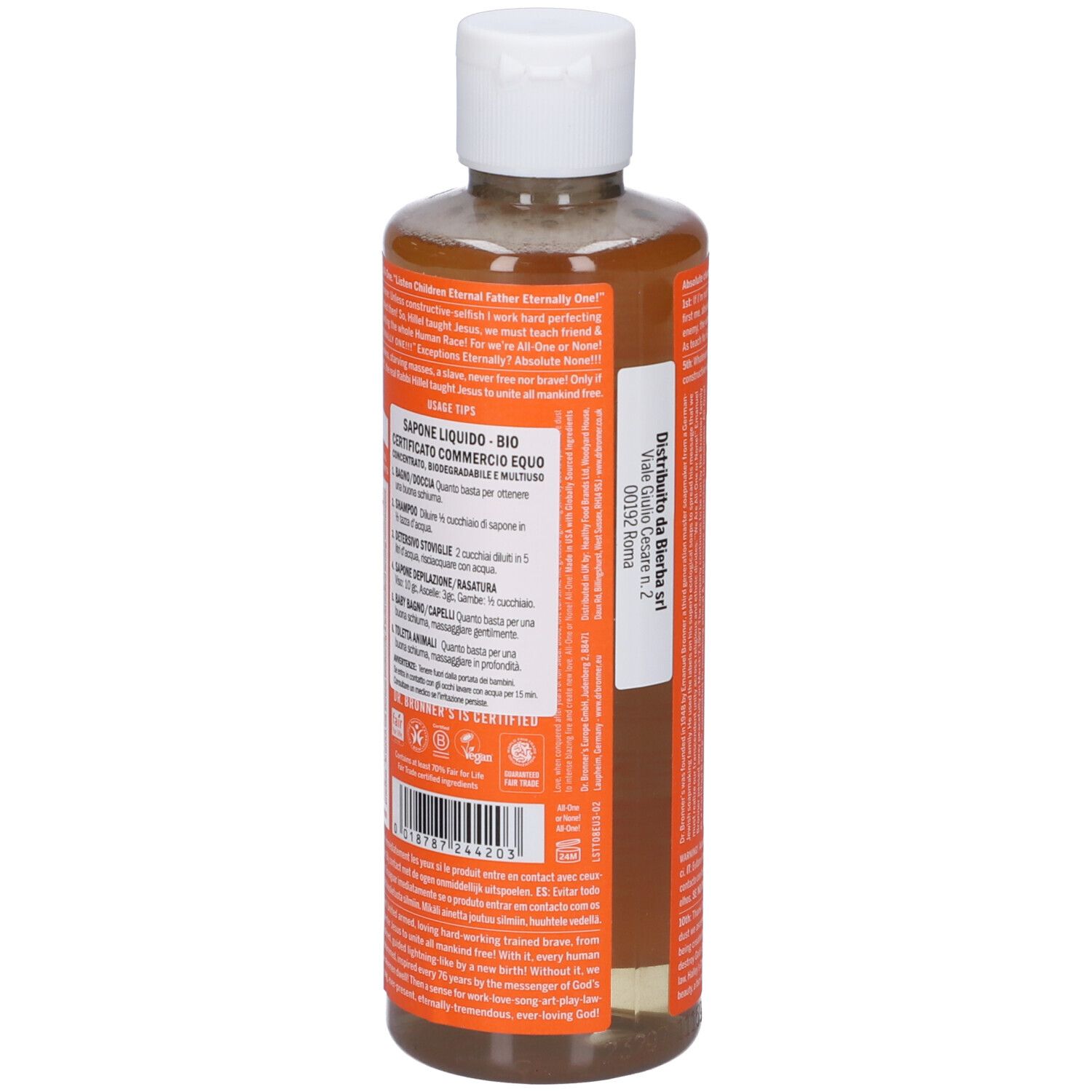 Retro del sapone liquido Dr. Bronner's. Etichetta arancione con testo. Bottiglia trasparente con liquido marrone.