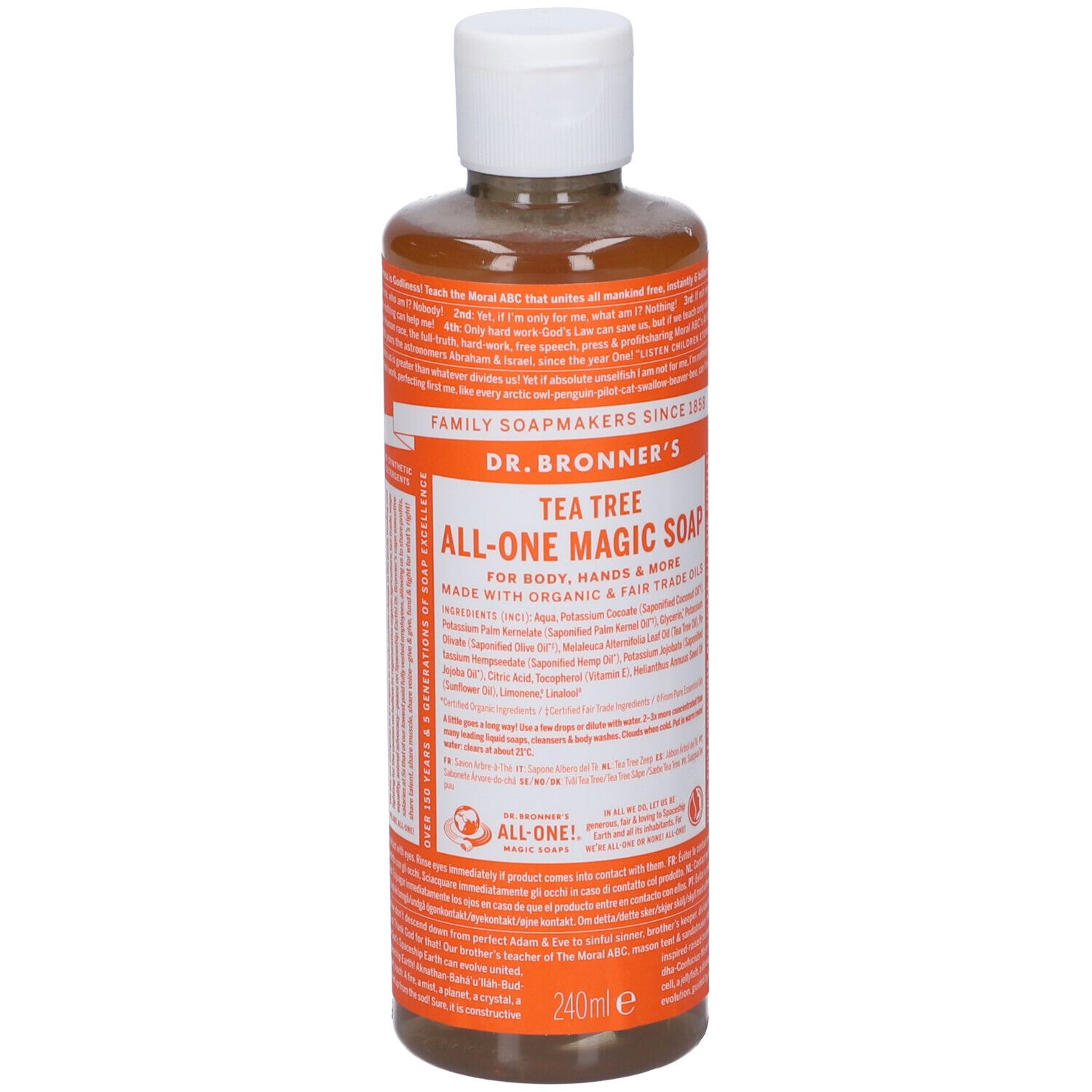 Sapone liquido Dr. Bronner's. Etichetta arancione con testo. Bottiglia trasparente con liquido marrone. Tappo bianco.