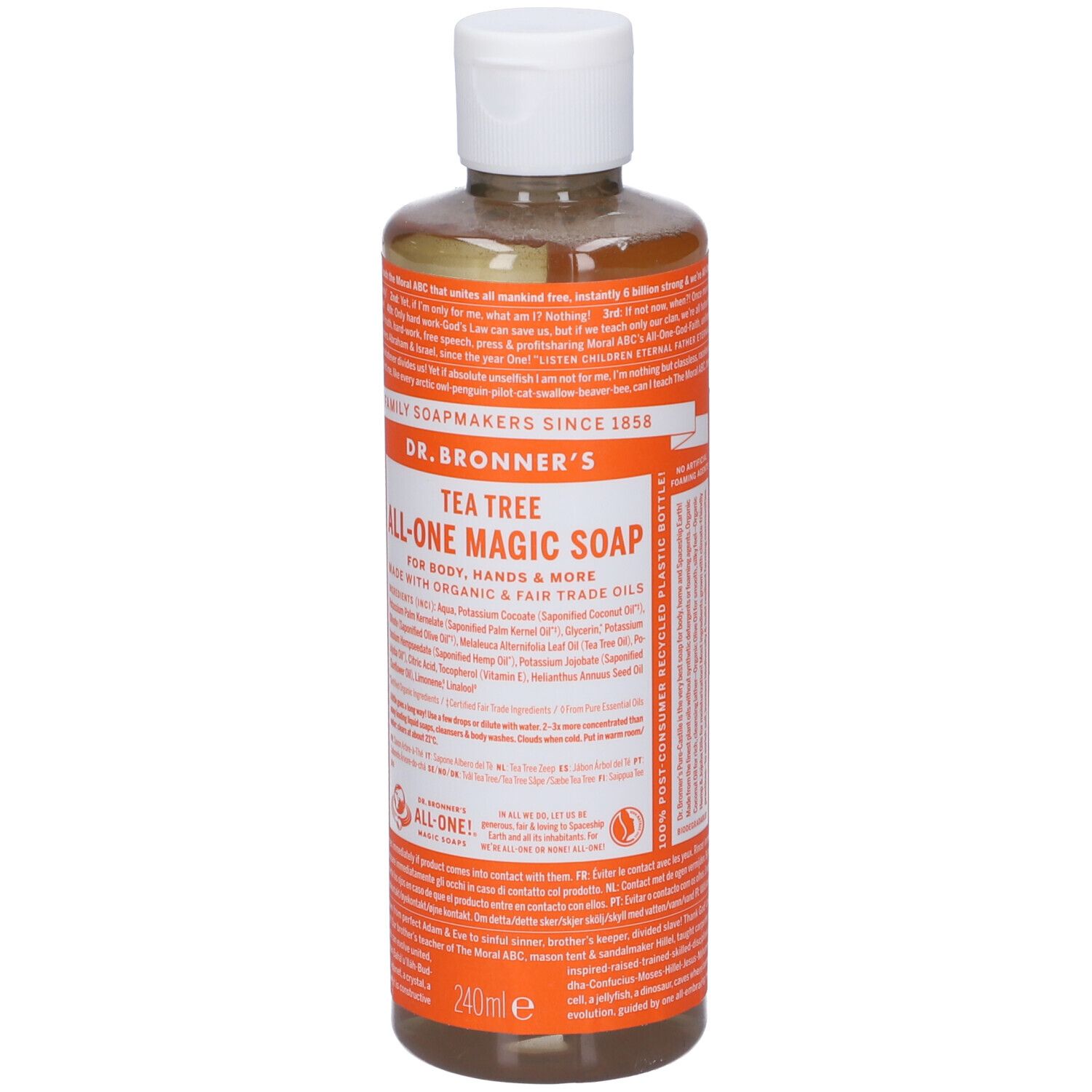Sapone liquido Dr. Bronner's. Etichetta arancione con testo. Bottiglia trasparente con liquido marrone. Tappo bianco.