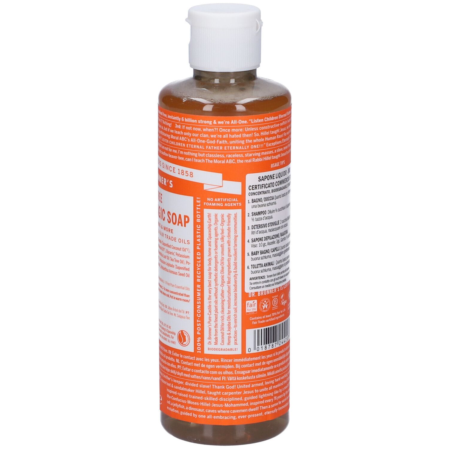 Retro del sapone liquido Dr. Bronner's. Etichetta arancione con testo. Bottiglia trasparente con liquido marrone.