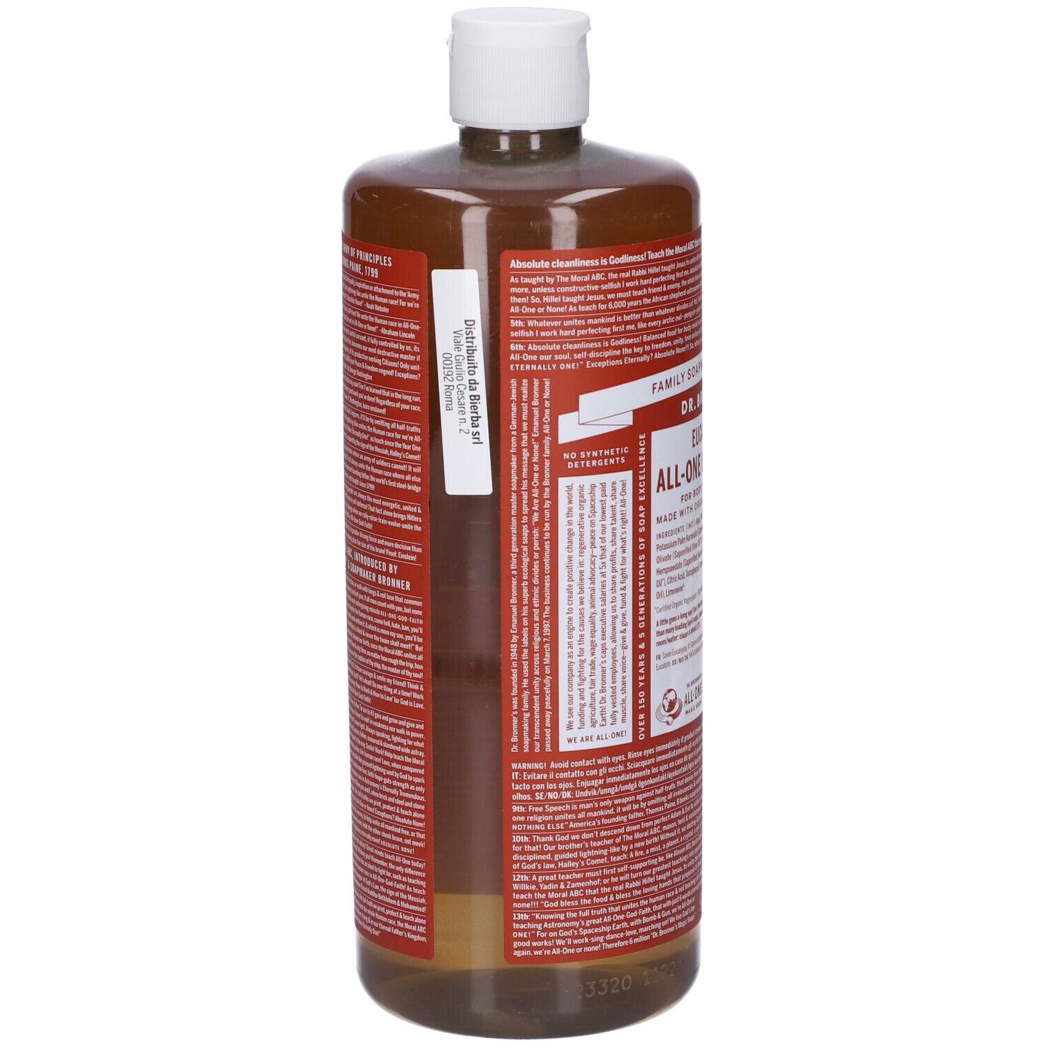 Bottiglia marrone con tappo bianco. Etichetta con testo. Scritta: Dr. Bronner's. 945ml.