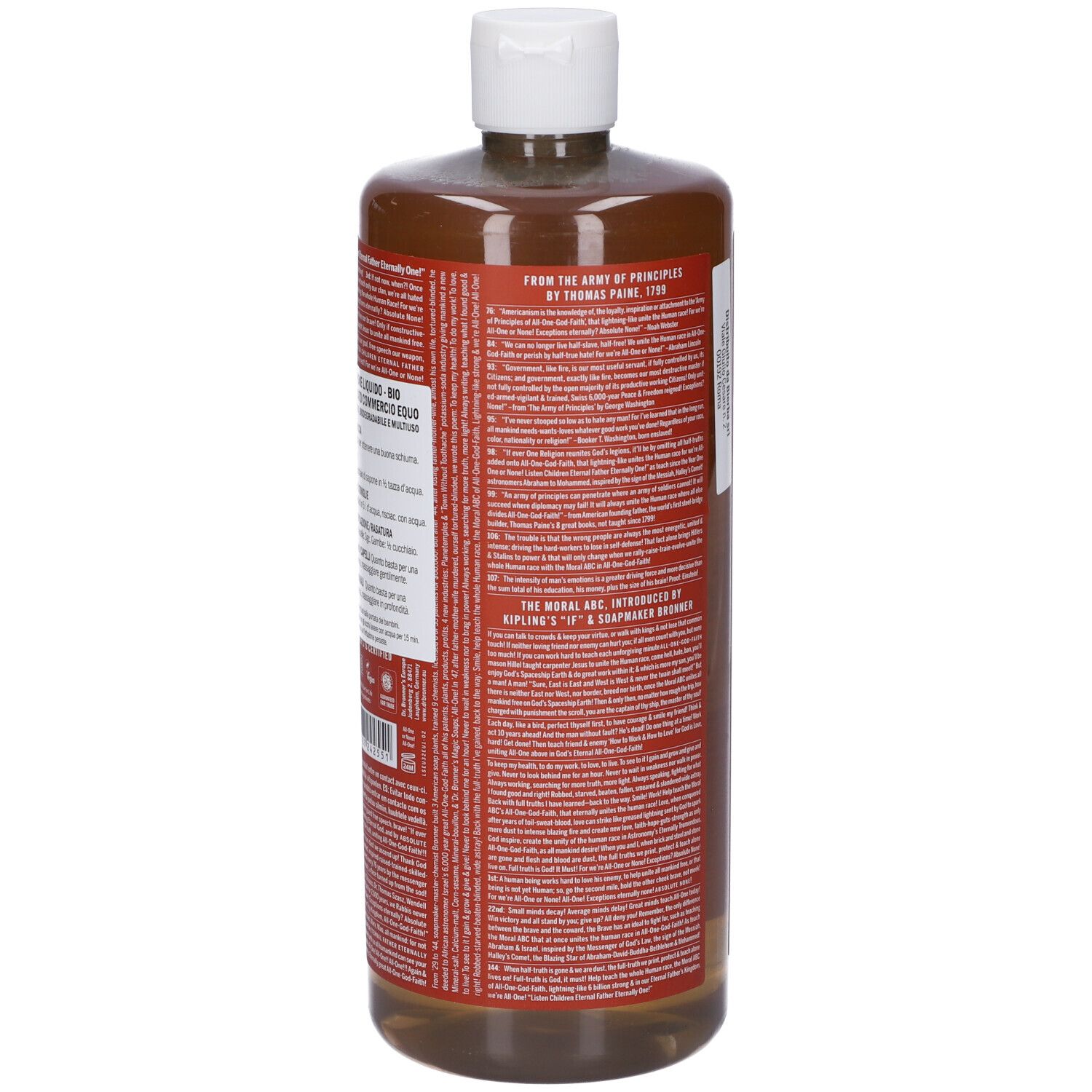 Bottiglia marrone con tappo bianco. Etichetta con testo. Scritta: Dr. Bronner's. 945ml.